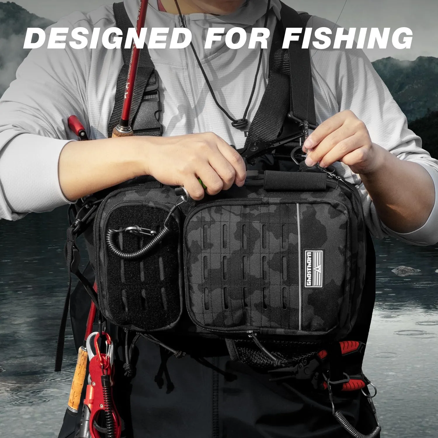 Ghosthorn Fishing Backpack with Rod Holder - Tackle Sling Bag - Fly Fishing Gifts for Men and Women