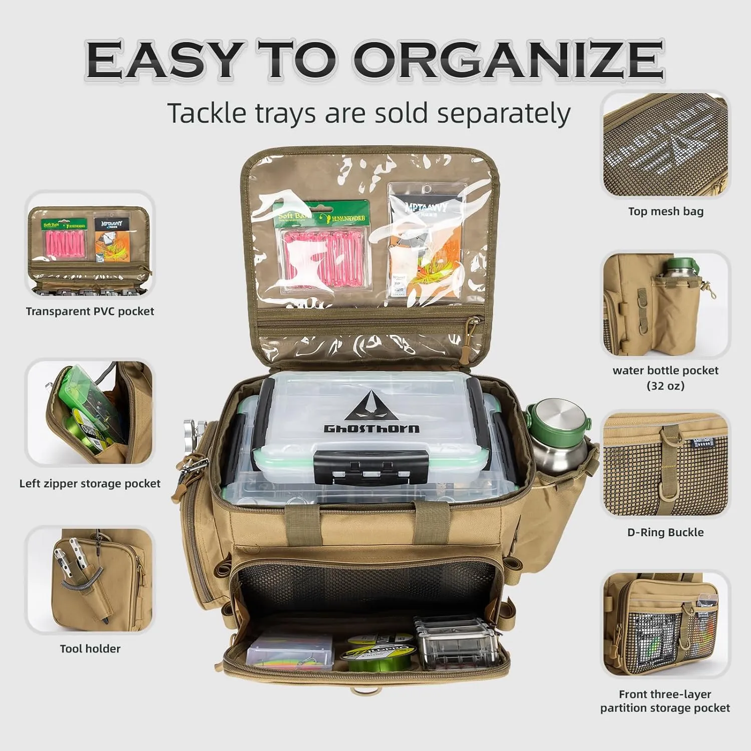Ghosthorn Fishing Tackle Bag for Saltwater & Freshwater - Versatile Water Resistant Tackle Box Bag Stores Up to 6 Bait Boxes - Durable Fishing Gear Organizer