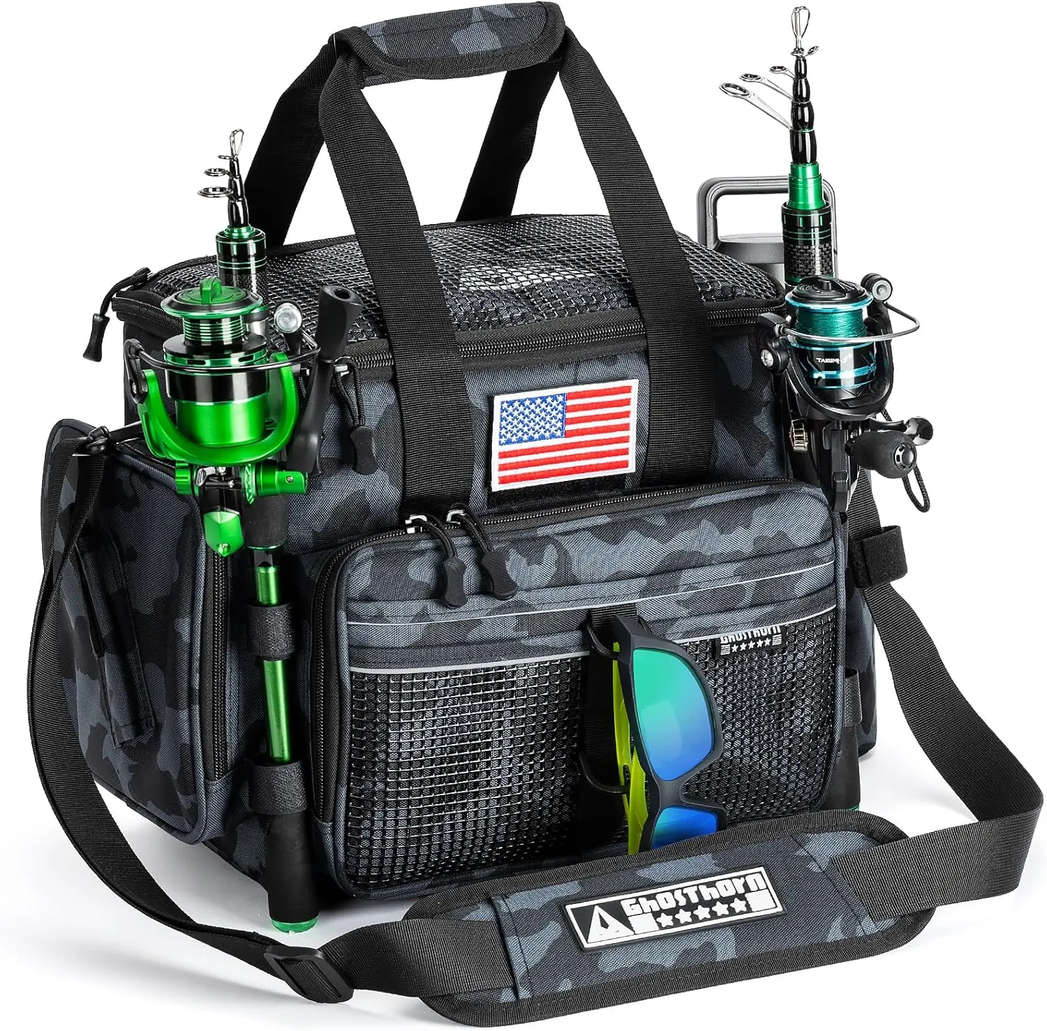 Ghosthorn Fishing Tackle Bag for Saltwater & Freshwater - Versatile Water Resistant Tackle Box Bag Stores Up to 6 Bait Boxes - Durable Fishing Gear Organizer