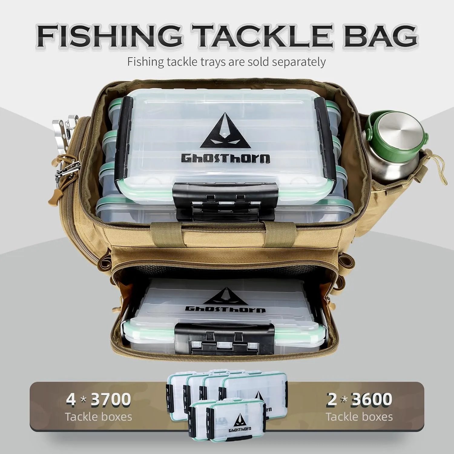 Ghosthorn Fishing Tackle Bag for Saltwater & Freshwater - Versatile Water Resistant Tackle Box Bag Stores Up to 6 Bait Boxes - Durable Fishing Gear Organizer