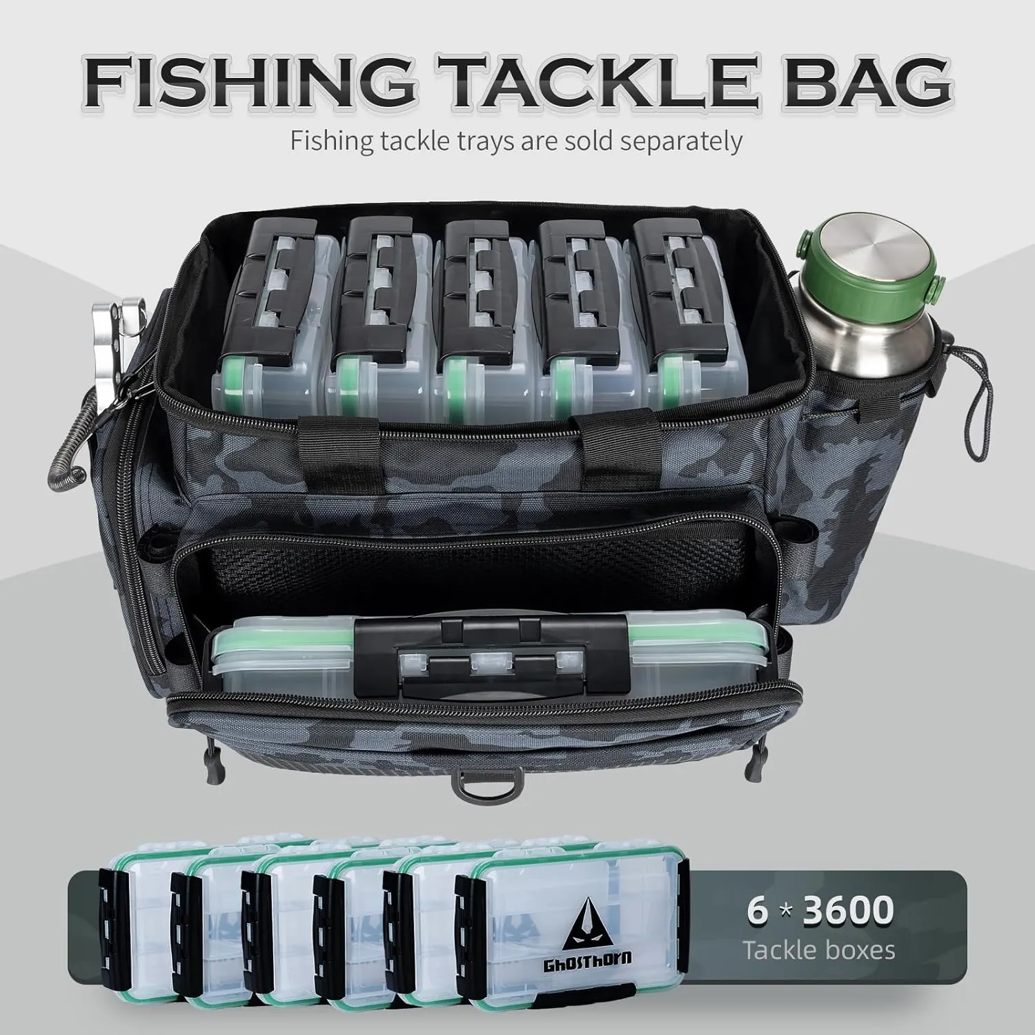 Ghosthorn Fishing Tackle Bag for Saltwater & Freshwater - Versatile Water Resistant Tackle Box Bag Stores Up to 6 Bait Boxes - Durable Fishing Gear Organizer