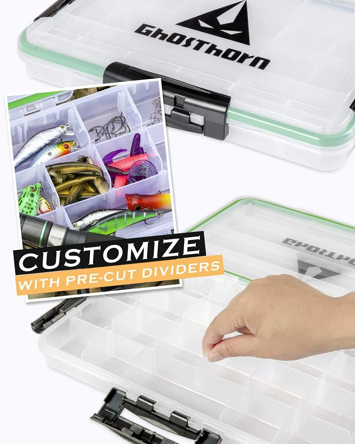 Ghosthorn Fishing Tackle Box, Waterproof 3600 and 3700 Tackle Trays, Plastic Tackle Box Organizer with Removable Dividers Storage Lure Box for Lures 1 and 4 Pack