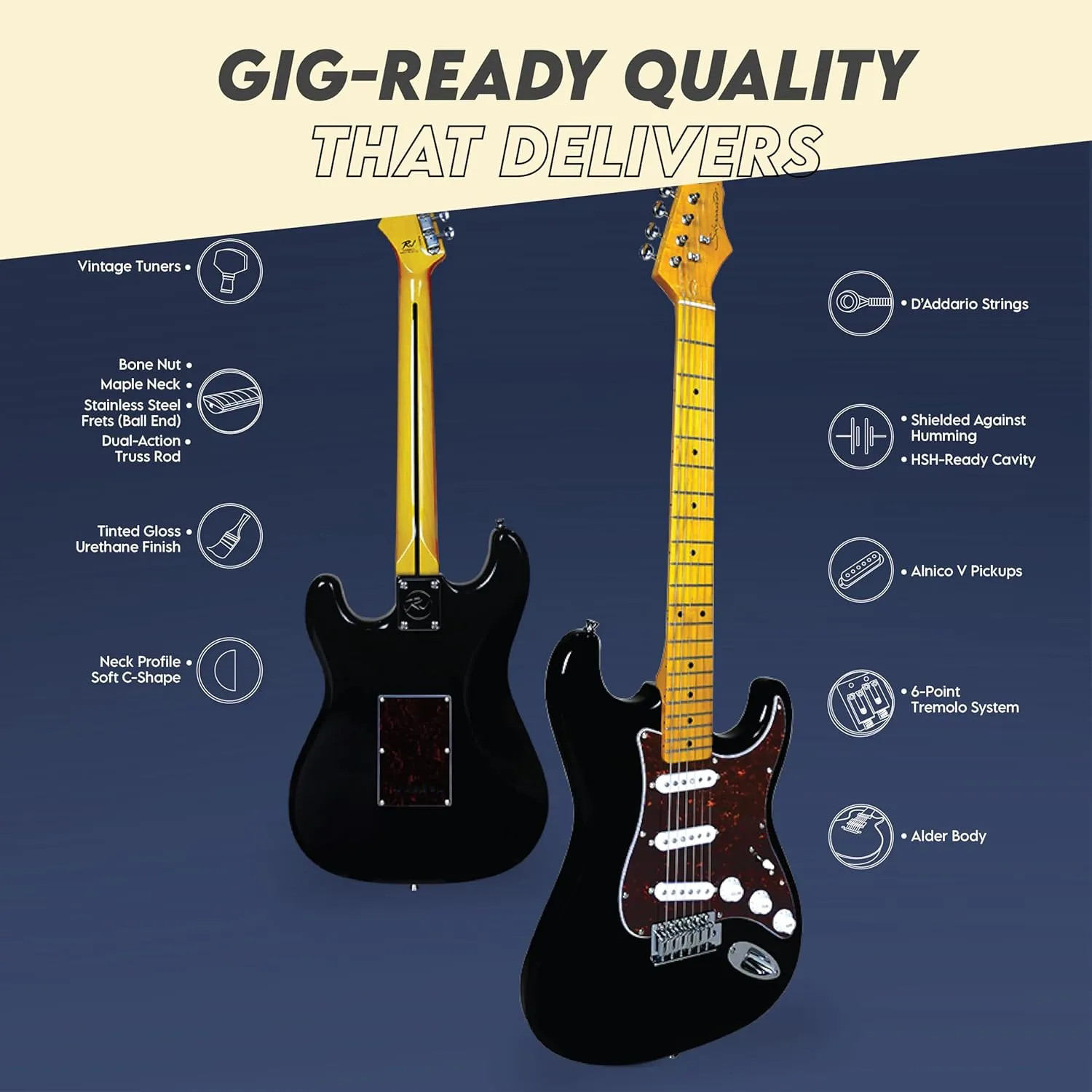 Gigline Skycaster Electric Guitar S-Type Adult Full Size, Alder Body, Stainless Steel Frets (Ball End), Bone Nut, SSS Alnico V, Black