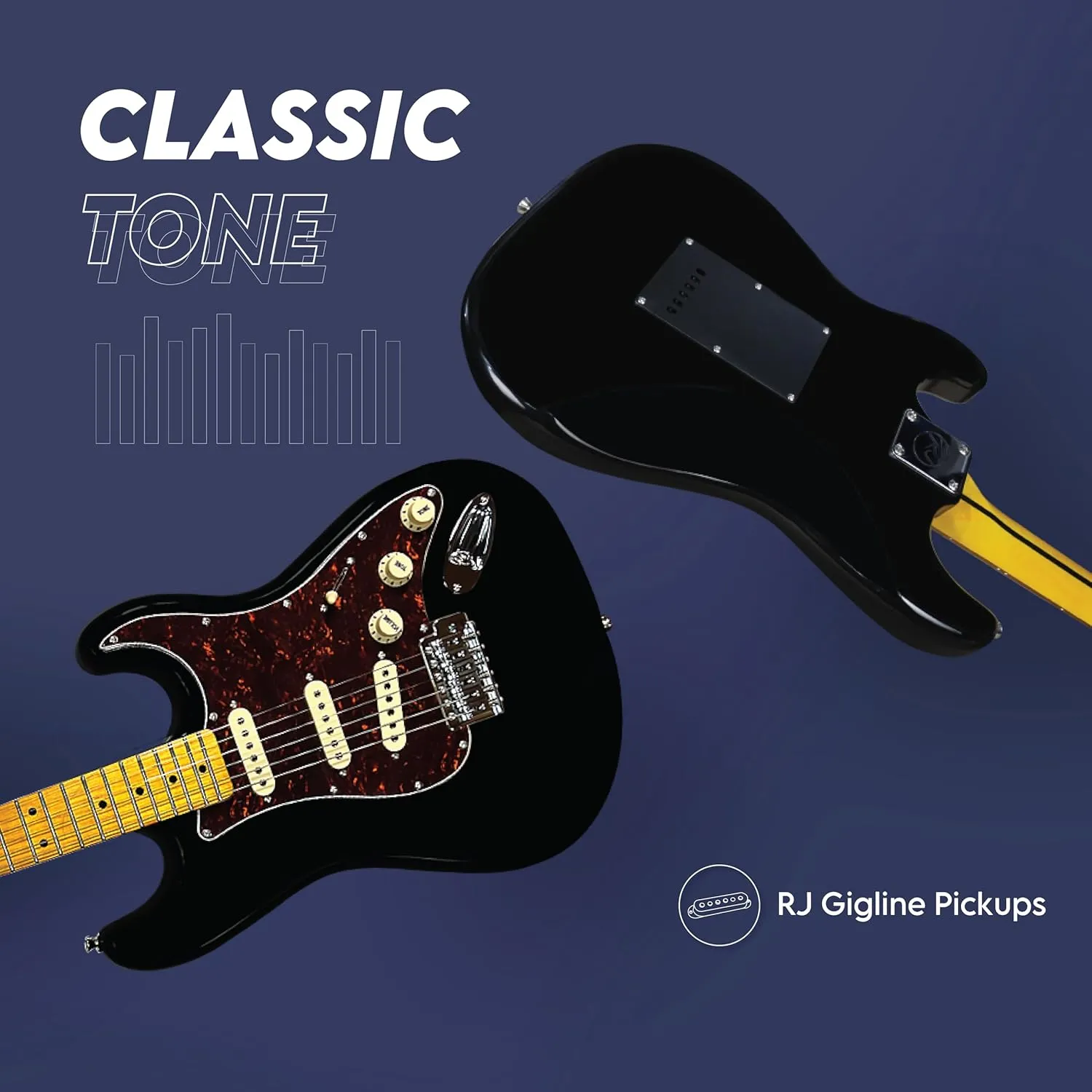 Gigline Skycaster Electric Guitar S-Type Adult Full Size, Alder Body, Stainless Steel Frets (Ball End), Bone Nut, SSS Alnico V, Black