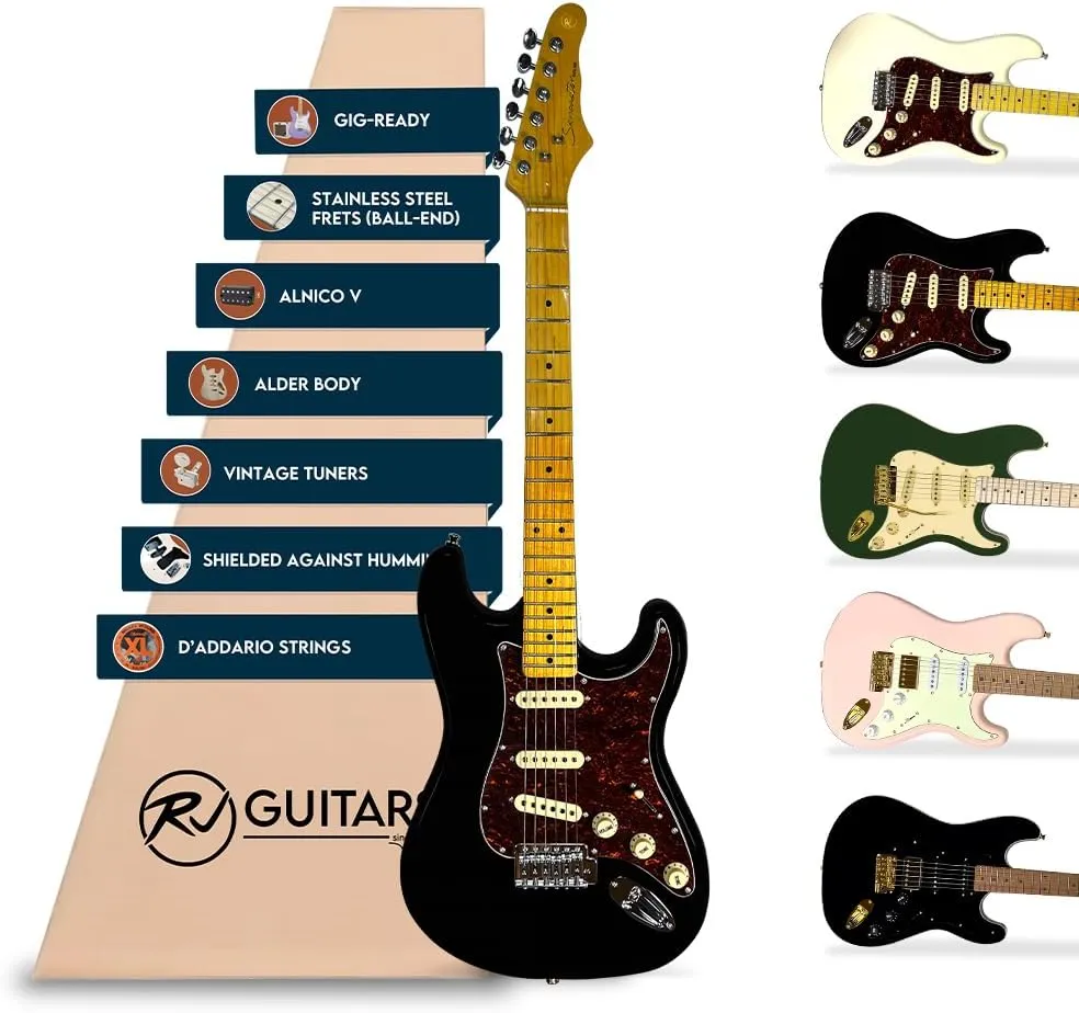 Gigline Skycaster Electric Guitar S-Type Adult Full Size, Alder Body, Stainless Steel Frets (Ball End), Bone Nut, SSS Alnico V, Black