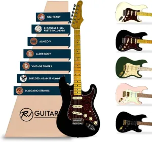 Gigline Skycaster Electric Guitar S-Type Adult Full Size, Alder Body, Stainless Steel Frets (Ball End), Bone Nut, SSS Alnico V, Black