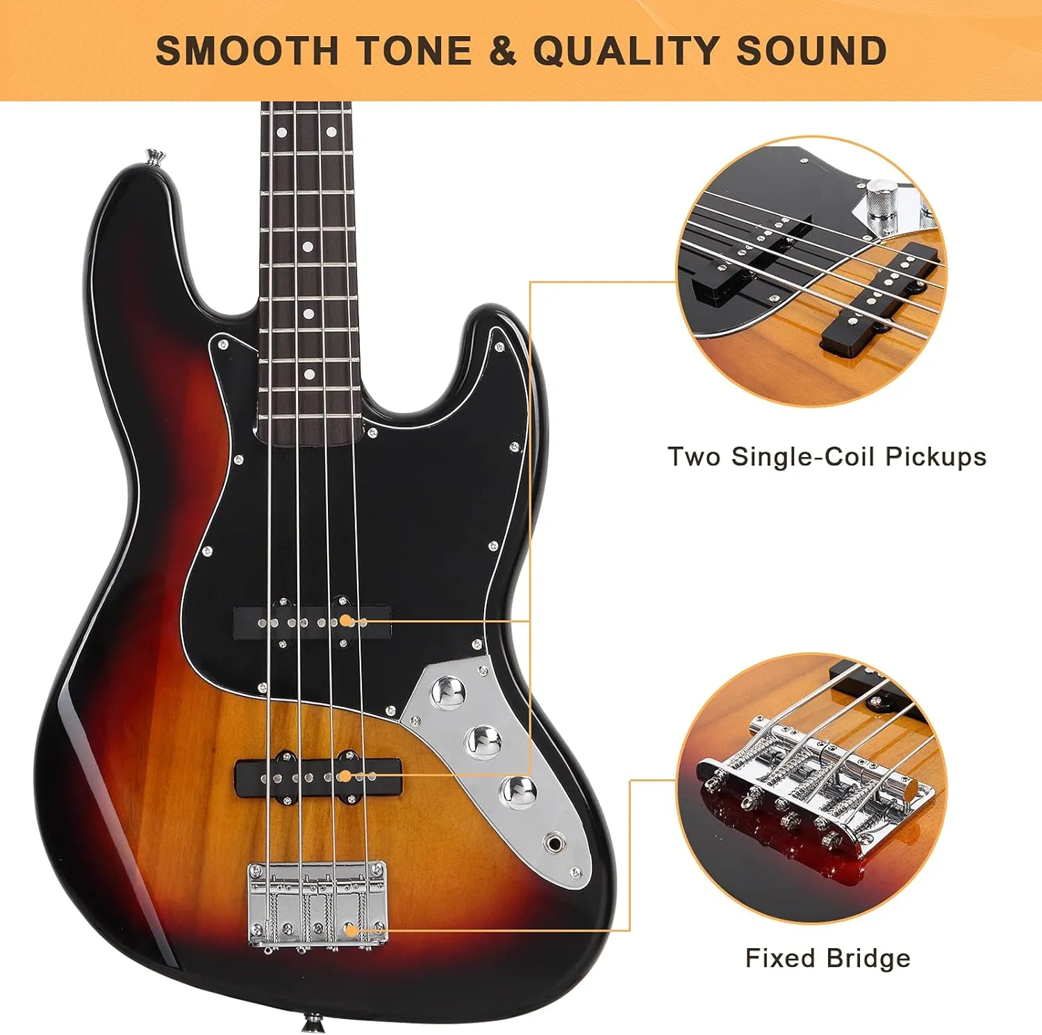 GLARRY 4 String GJazz Electric Bass Guitar Full Size Right Handed with Guitar Bag, Amp Cord and Beginner Kits (Sunset)