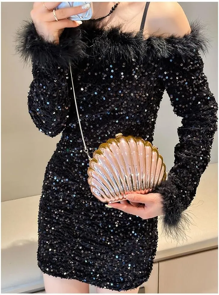Glitter Seashell Evening Clutch Purse Mini Chain Shoulder Bag Acrylic Shell Pearl Crossbody Bag