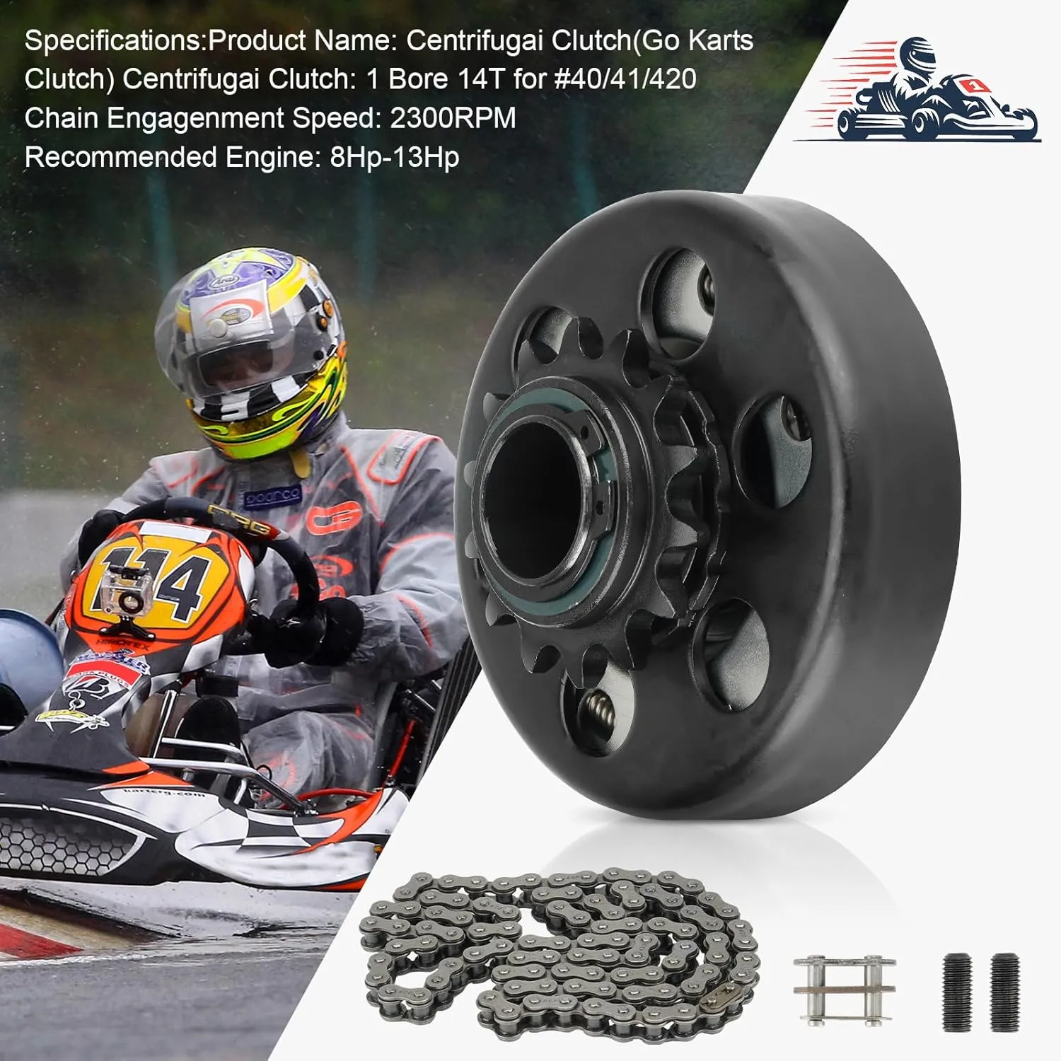 Go Kart Clutch 1" Bore 14T with 3 Feet #40/41/420 Chain, Centrifugal Clutch Fit for Minibike Mini motorcycles 2-6.5HP 212cc Engines, Up to 2300 RPM