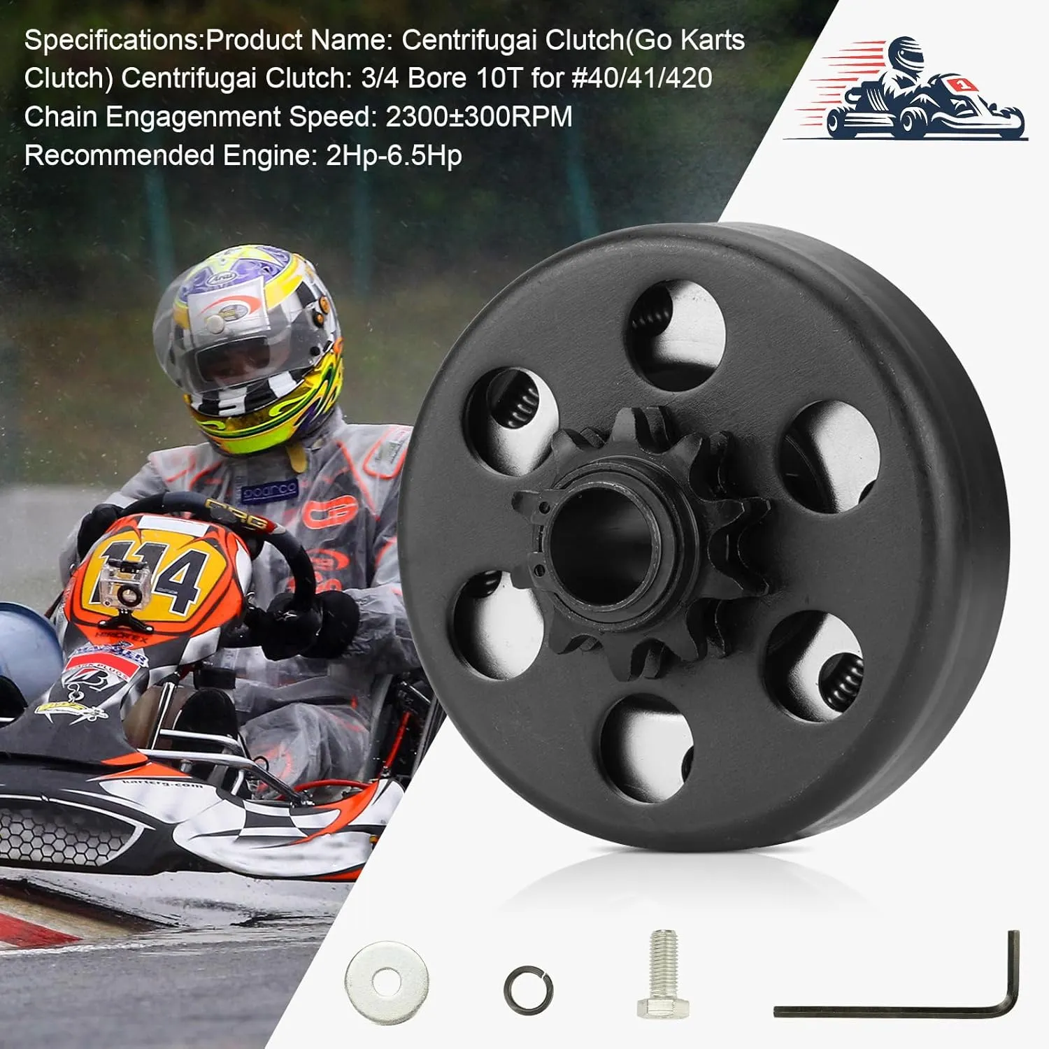 Go Kart Clutch 3/4 Bore 10T Compatible with #40/41/420 Chain, Centrifugal Clutch Fit for Minibike MB165 & MB200 and Honda Cloned Engines GC160 / GC190/ GX120/ GX140/ GX160/ GX200. Up to 2-6.5HP