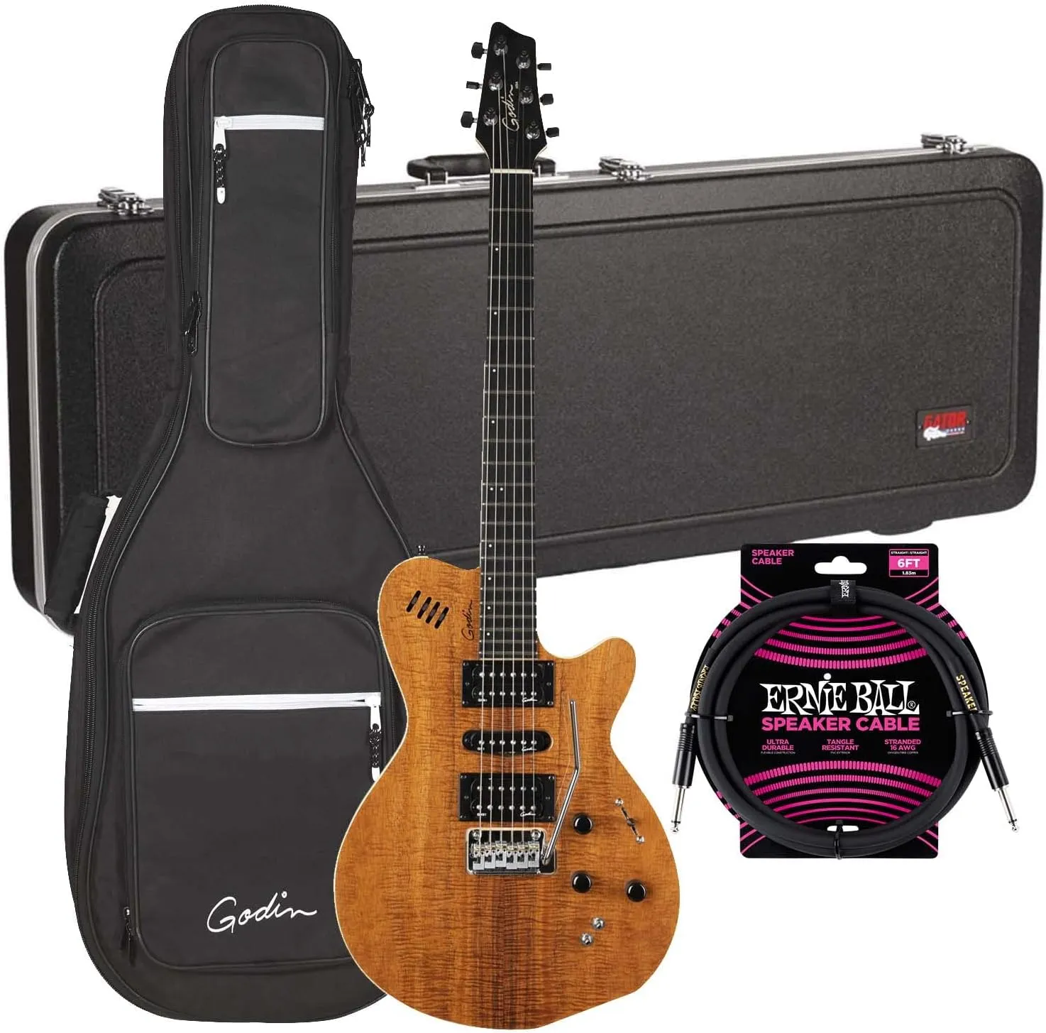 Godin (041497) xtSA Koa Electric Guitar, Natural, Gator GC-Electric-A Case, ErnieBall Cable Bundle