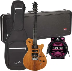 Godin (041497) xtSA Koa Electric Guitar, Natural, Gator GC-Electric-A Case, ErnieBall Cable Bundle