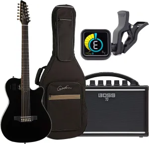 Godin A12 12-String, Black HG (048588), BOSS Katana Compact 7, KLIQ UberTuner Bundle