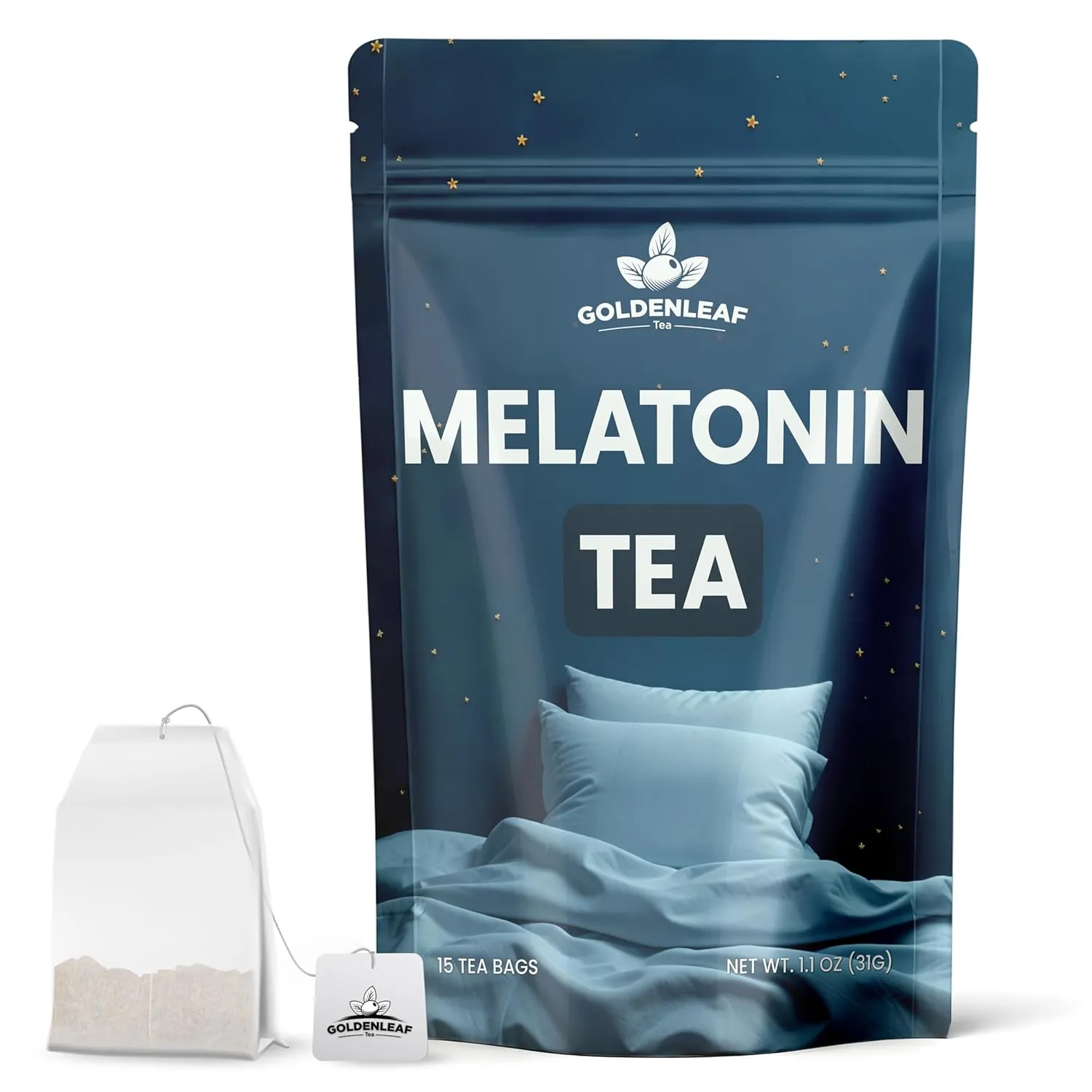 GOLDENLEAF Melatonin Sleep Tea - Caffeine-Free 3mg Melatonin Tea, with Chamomile, Lavender, Valerian Root & Lemon Balm for Night Time Rest, Relaxation and Better Sleep - 15 Herbal Tea Bags