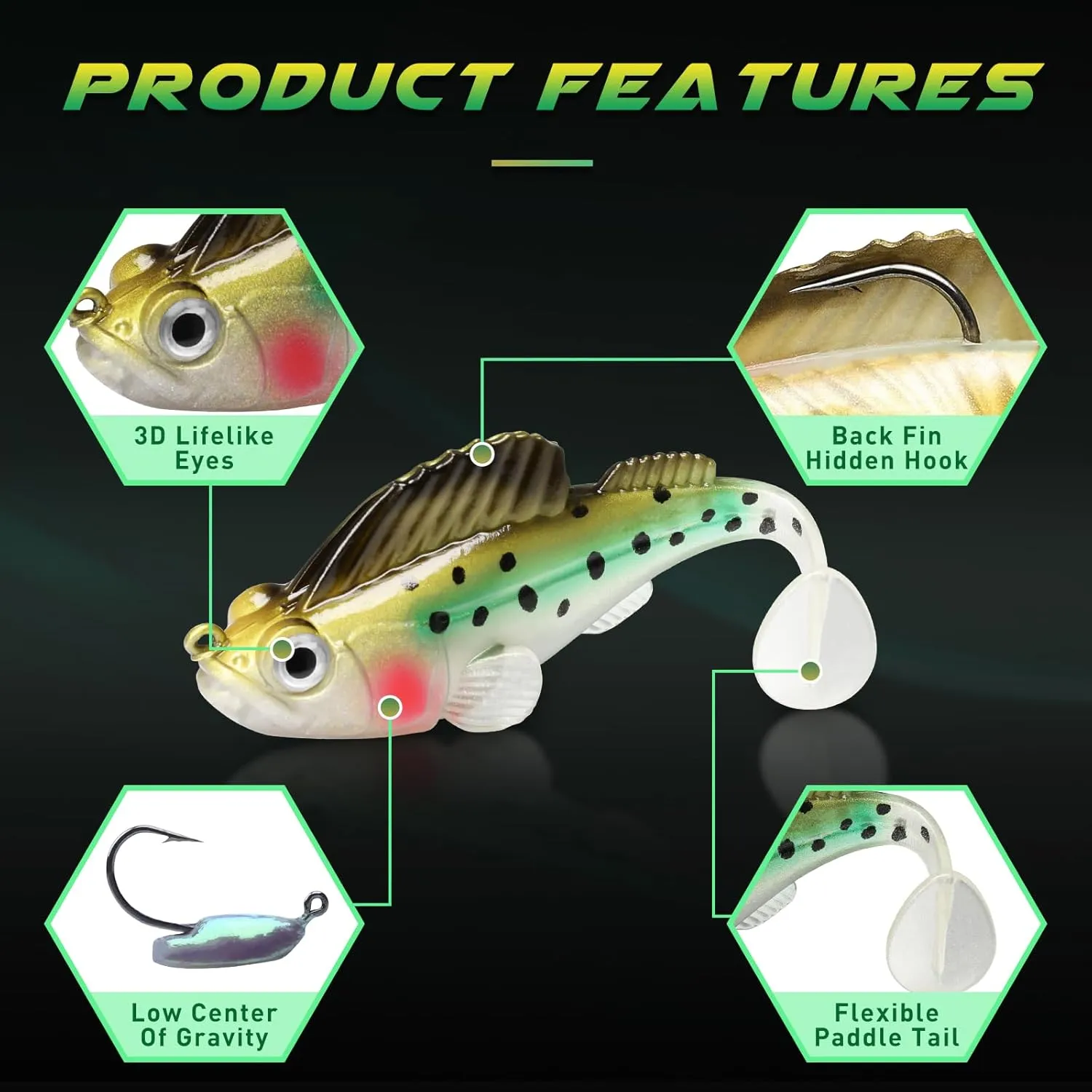 Gotour Weedless Soft Fishing Lures for Freshwater and Saltwater, Premium Pre-Rigged Jig Head Paddle Tail Swimbaits for Bass Fishing，Jigs Fishing Bait for Crappie Trout Walleye, Amazing Fishing Gifts