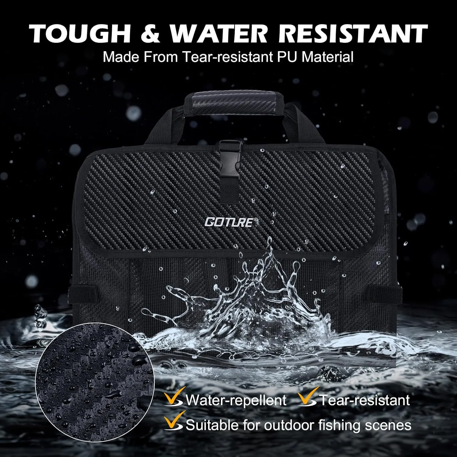 Goture Fishing Jig Bag,20 Mesh Pockets Portable Water-Resistant 600D PU Fishinig Lure Bag Saltwater Freshwater Suitable for Max 10" Length Vertical Jig Slow Pitch Jigging Bait Storage (16.92"x11.81")