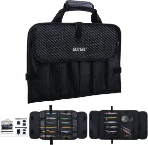 Goture Fishing Jig Bag,20 Mesh Pockets Portable Water-Resistant 600D PU Fishinig Lure Bag Saltwater Freshwater Suitable for Max 10" Length Vertical Jig Slow Pitch Jigging Bait Storage (16.92"x11.81")