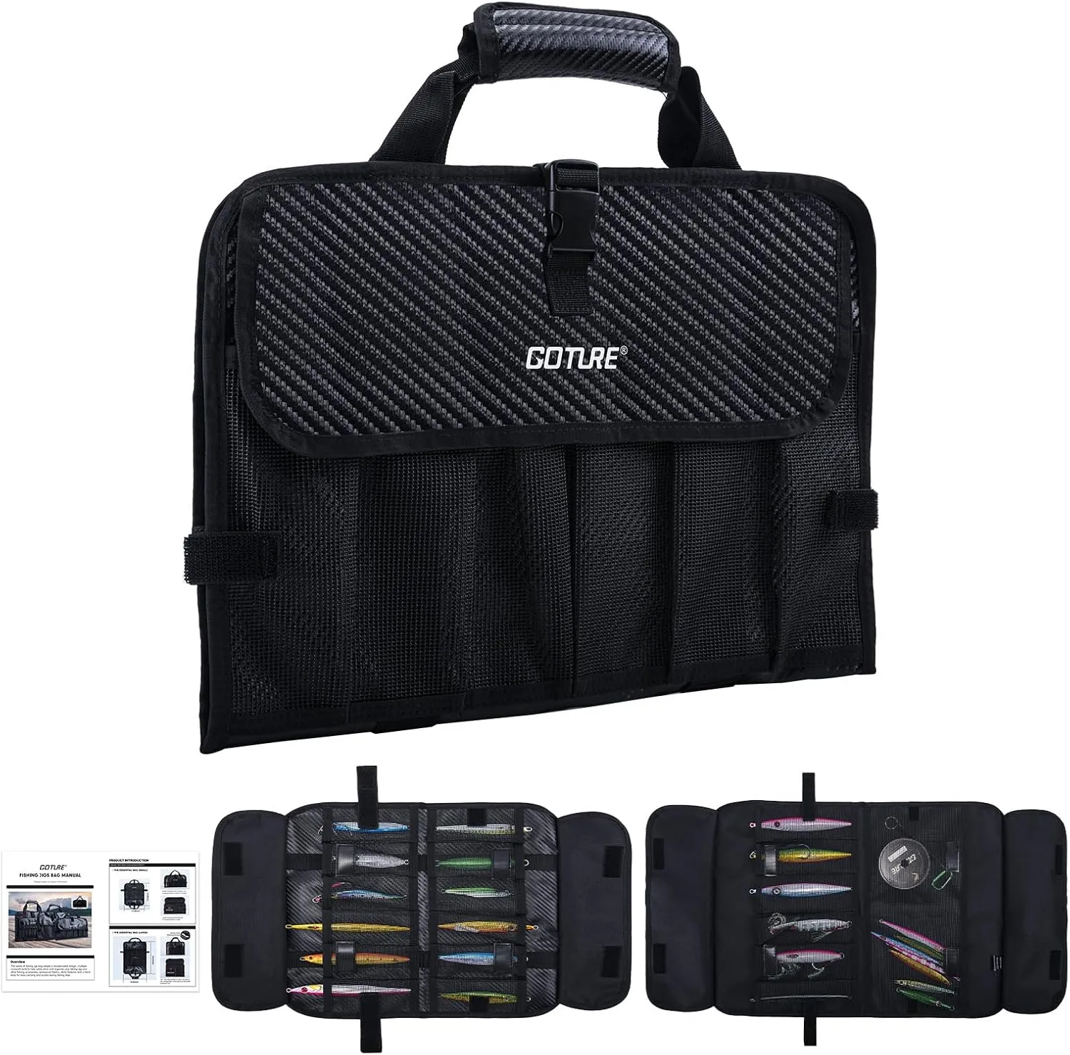 Goture Fishing Jig Bag,20 Mesh Pockets Portable Water-Resistant 600D PU Fishinig Lure Bag Saltwater Freshwater Suitable for Max 10" Length Vertical Jig Slow Pitch Jigging Bait Storage (16.92"x11.81")