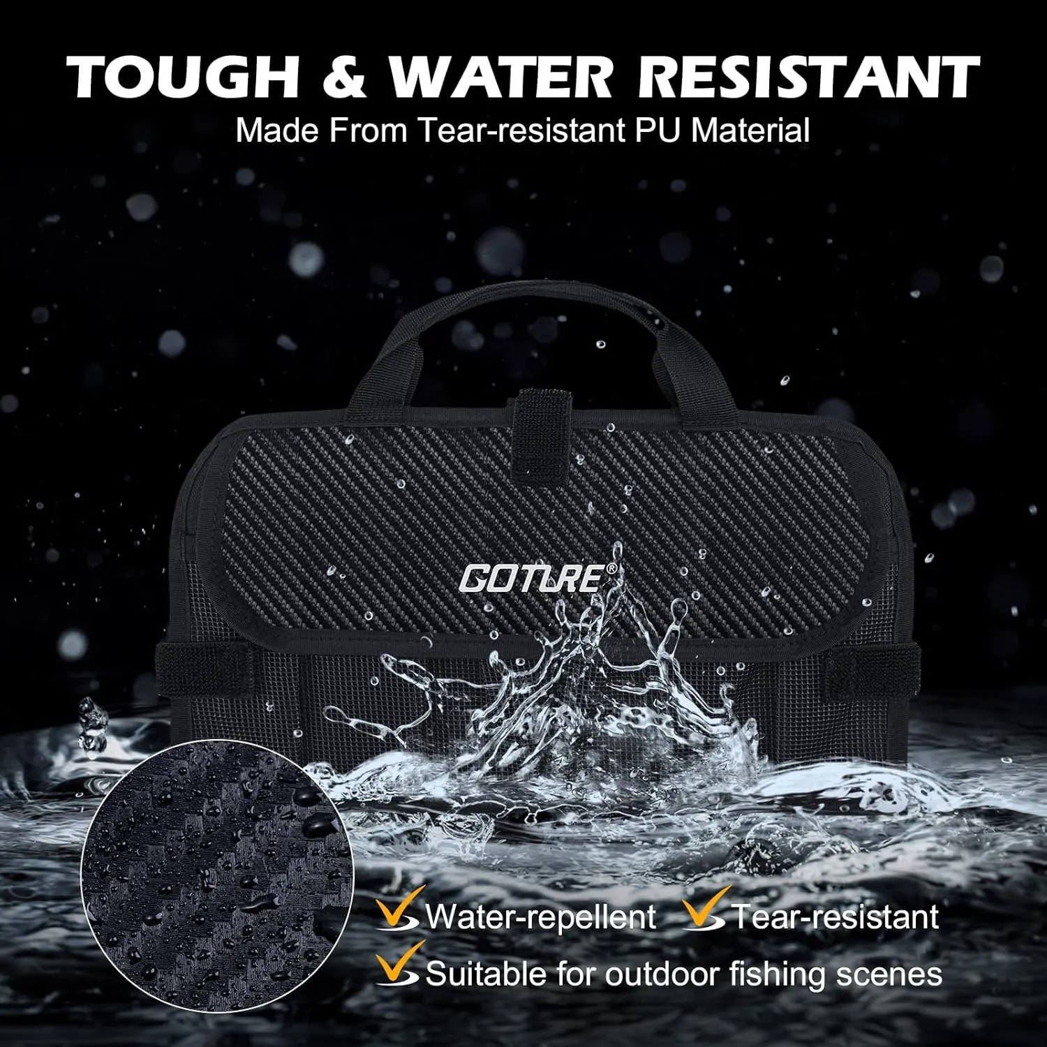 Goture Fishing Jig Bag,20 Mesh Pockets Portable Water-Resistant 600D PU Fishinig Lure Bag Saltwater Freshwater Suitable For Max 5.7" Length Vertical Jig Slow Pitch Jigging Bait Storage (12.99"x7.09")
