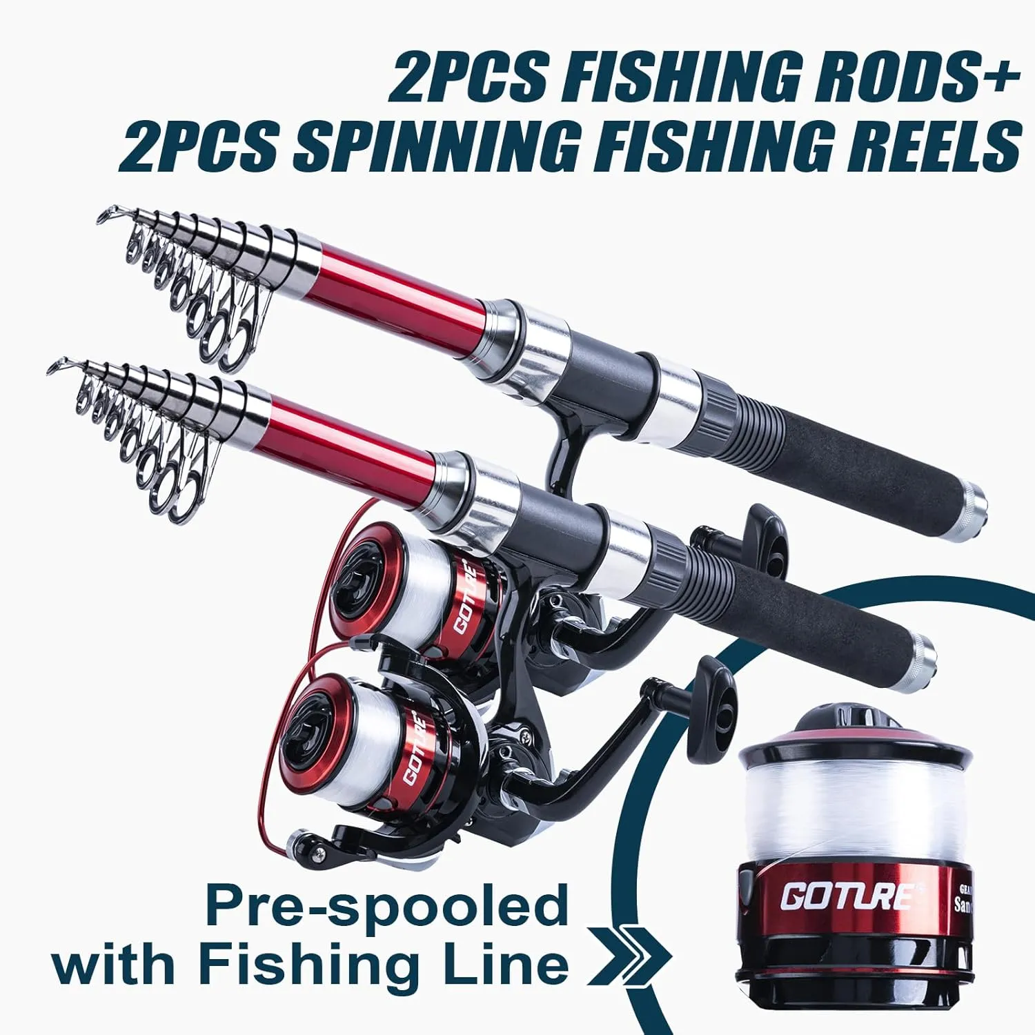 Goture Fishing Rod and Reel Combos-2PCS Telescopic Fishing Pole 2PCS Pre-Loaded Spinning Reels with Carrier Bag,1.8M-2.7M Telescopic Rod Reel Kit for Starter Travel Saltwater Freshwater,Gifts for Men