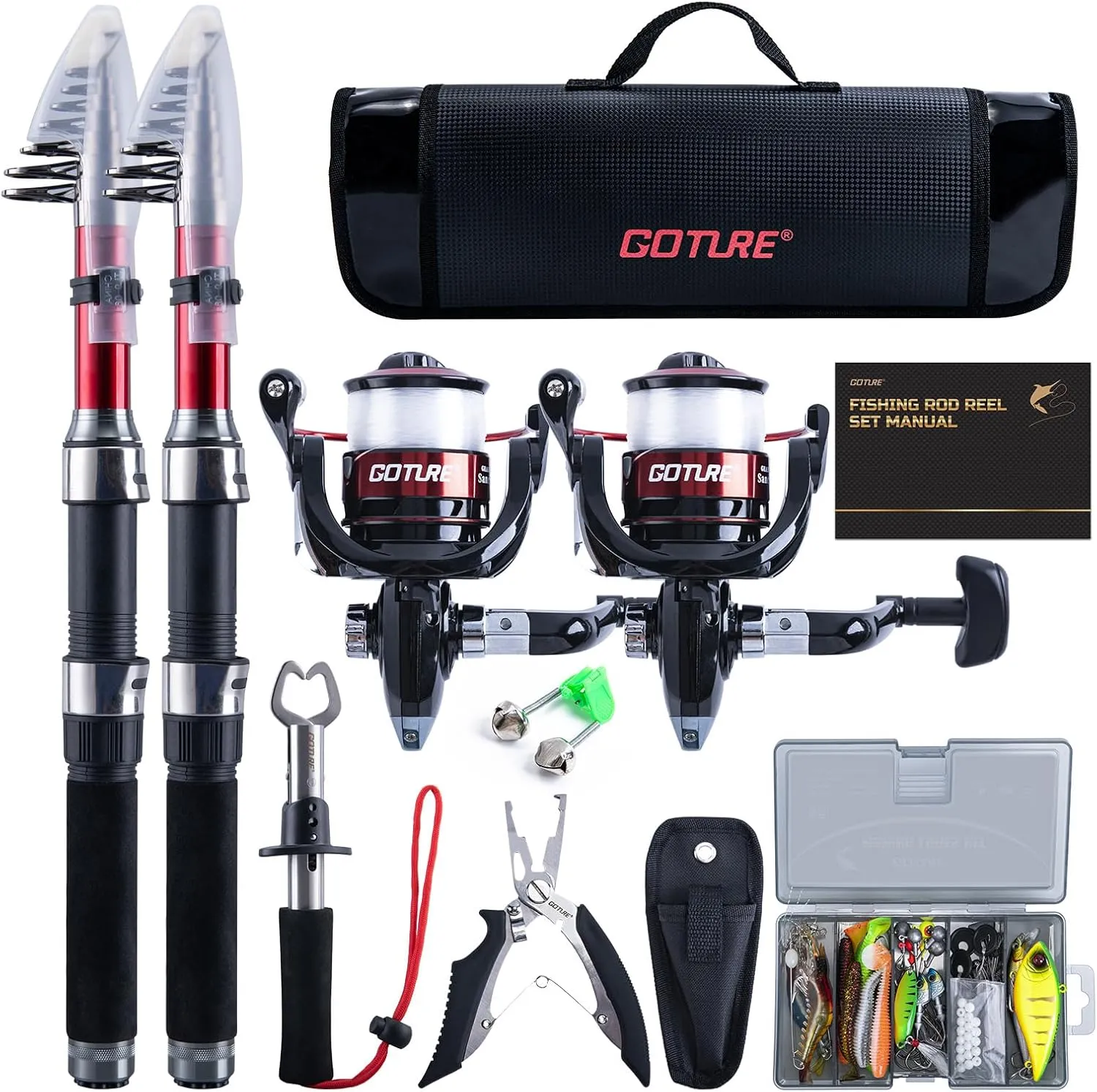 Goture Fishing Rod and Reel Combos-2PCS Telescopic Fishing Pole 2PCS Pre-Loaded Spinning Reels with Carrier Bag,1.8M-2.7M Telescopic Rod Reel Kit for Starter Travel Saltwater Freshwater,Gifts for Men