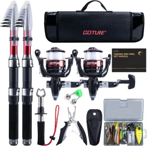 Goture Fishing Rod and Reel Combos-2PCS Telescopic Fishing Pole 2PCS Pre-Loaded Spinning Reels with Carrier Bag,1.8M-2.7M Telescopic Rod Reel Kit for Starter Travel Saltwater Freshwater,Gifts for Men