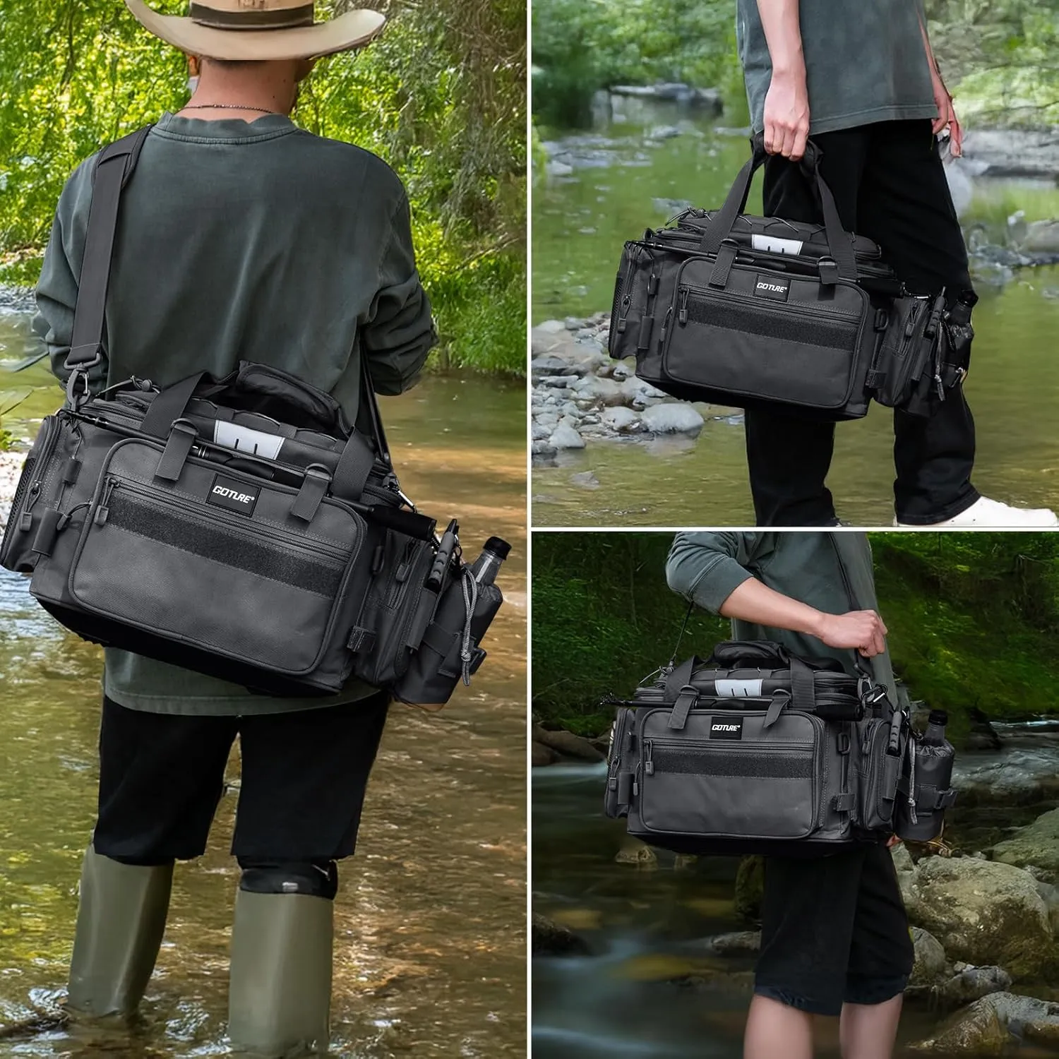 Goture Fishing Tackle Bag, Store Up to 4PCS 3700 Plus 2PCS 3600 Tackle Trays, 600D Soft Side Water-Resistant Gear Storage Fishing Bag with Rod Straps, Detachable Water Bottle Pouch, Waterproof Bottom