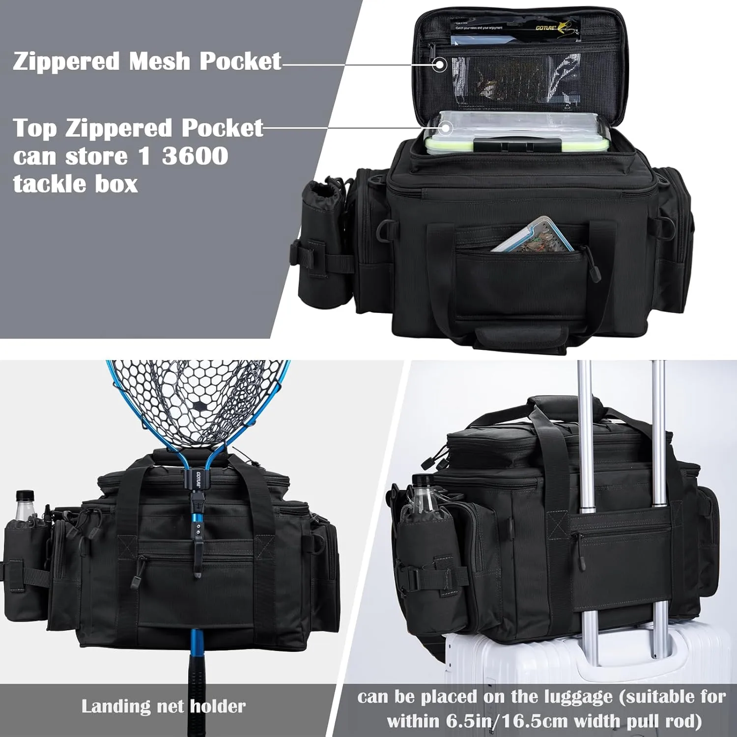 Goture Fishing Tackle Bag, Store Up to 4PCS 3700 Plus 2PCS 3600 Tackle Trays, 600D Soft Side Water-Resistant Gear Storage Fishing Bag with Rod Straps, Detachable Water Bottle Pouch, Waterproof Bottom