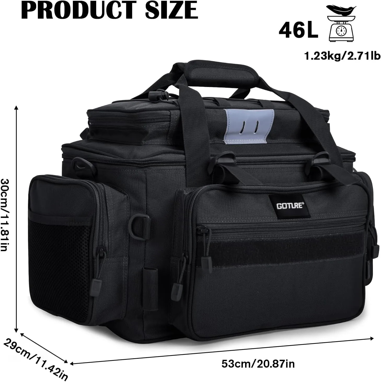 Goture Fishing Tackle Bag, Store Up to 4PCS 3700 Plus 2PCS 3600 Tackle Trays, 600D Soft Side Water-Resistant Gear Storage Fishing Bag with Rod Straps, Detachable Water Bottle Pouch, Waterproof Bottom