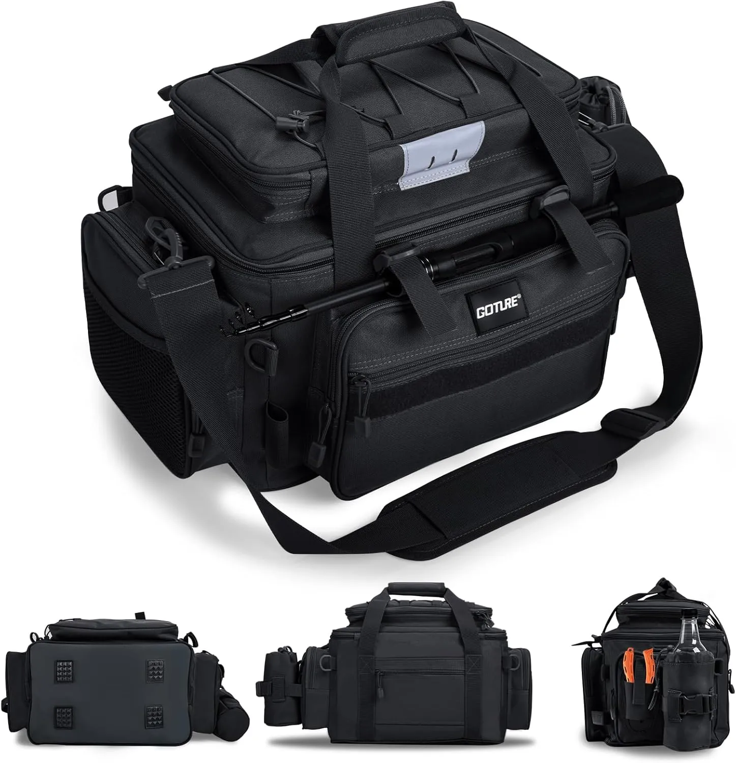 Goture Fishing Tackle Bag, Store Up to 4PCS 3700 Plus 2PCS 3600 Tackle Trays, 600D Soft Side Water-Resistant Gear Storage Fishing Bag with Rod Straps, Detachable Water Bottle Pouch, Waterproof Bottom