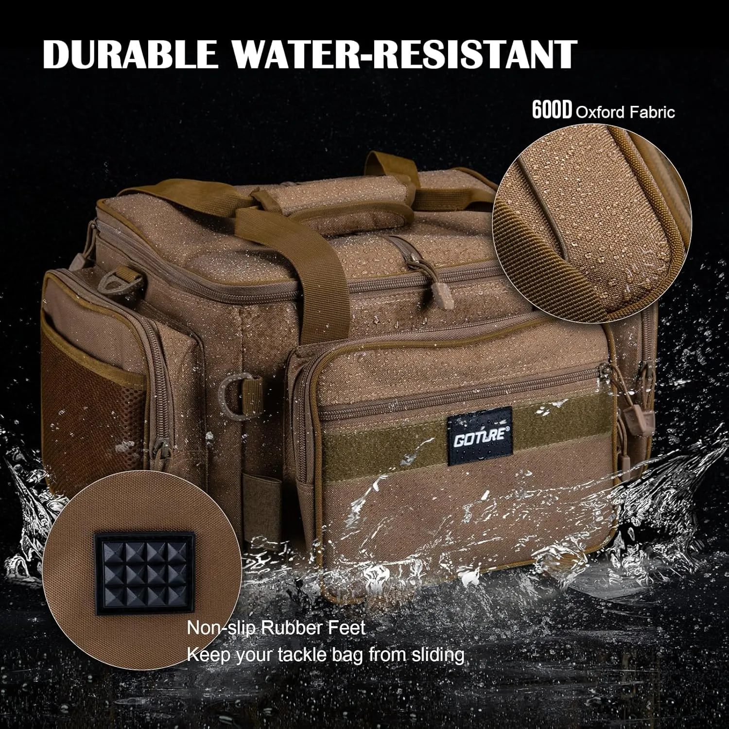 Goture Fishing Tackle Bag, Store Up to 4PCS 3700 Tackle Box Trays, 600D Soft Side Water-Resistant Saltwater Gear Storage Fishing Bag with Rod Straps, Detachable Water Bottle Pouch, Gifts for Men