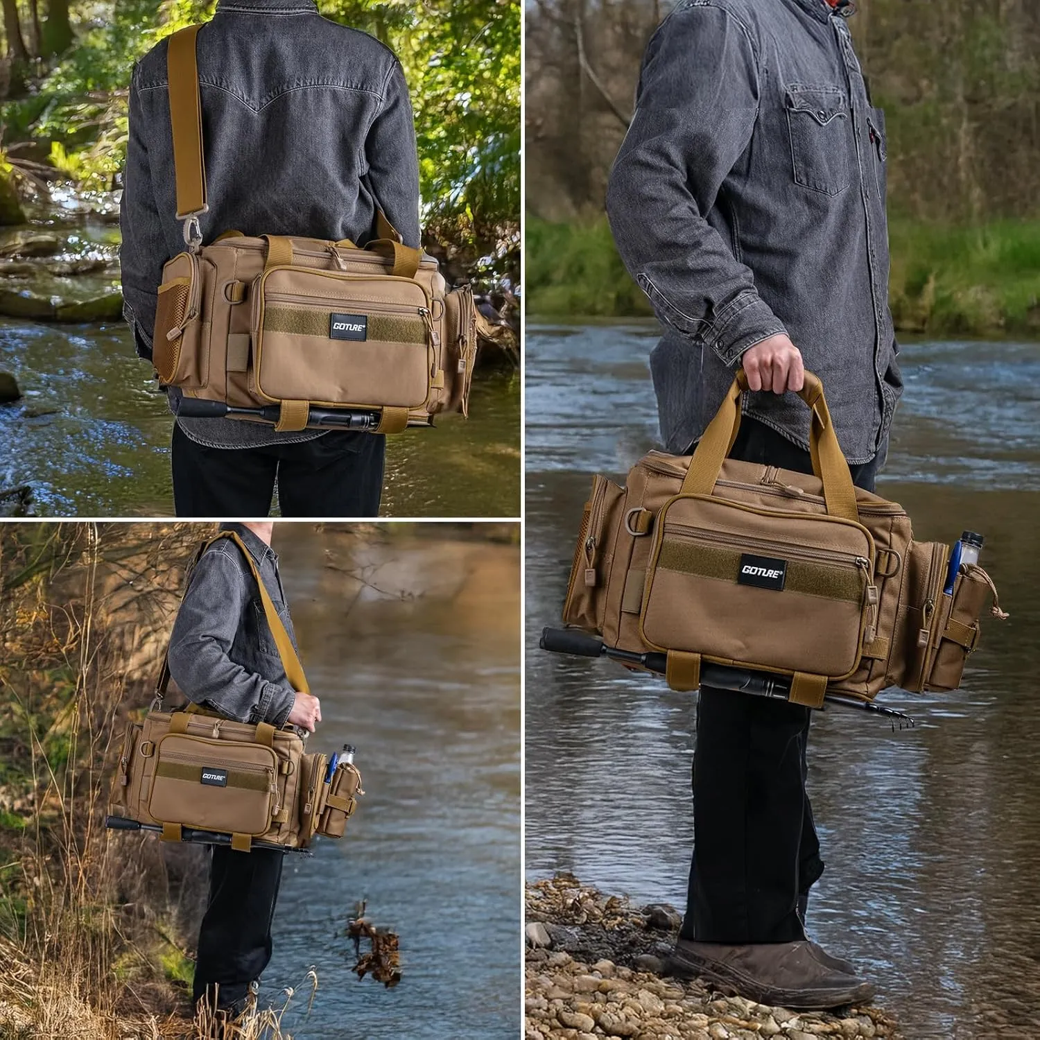 Goture Fishing Tackle Bag, Store Up to 4PCS 3700 Tackle Box Trays, 600D Soft Side Water-Resistant Saltwater Gear Storage Fishing Bag with Rod Straps, Detachable Water Bottle Pouch, Gifts for Men