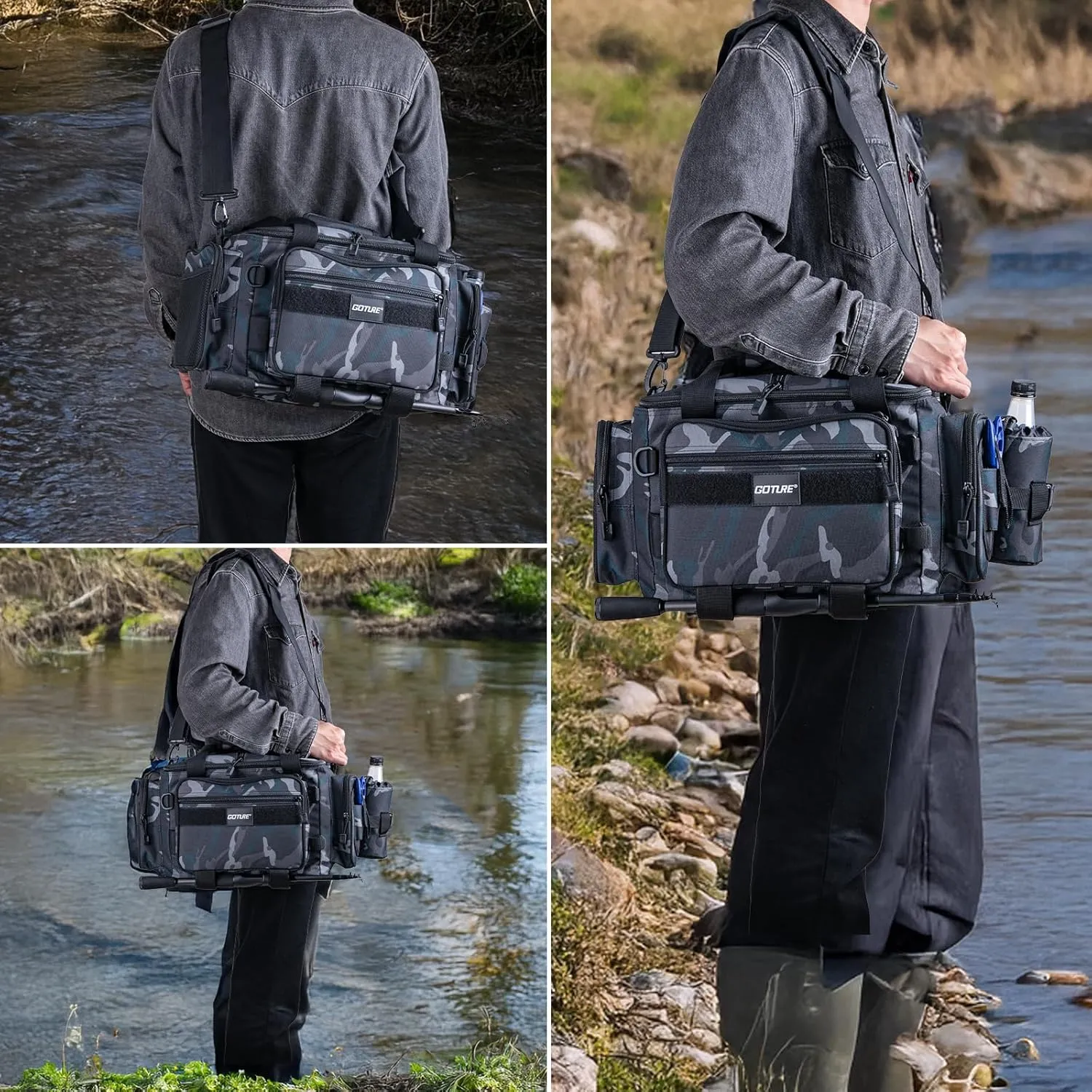 Goture Fishing Tackle Bag, Store Up to 4PCS 3700 Tackle Box Trays, 600D Soft Side Water-Resistant Saltwater Gear Storage Fishing Bag with Rod Straps, Detachable Water Bottle Pouch, Gifts for Men