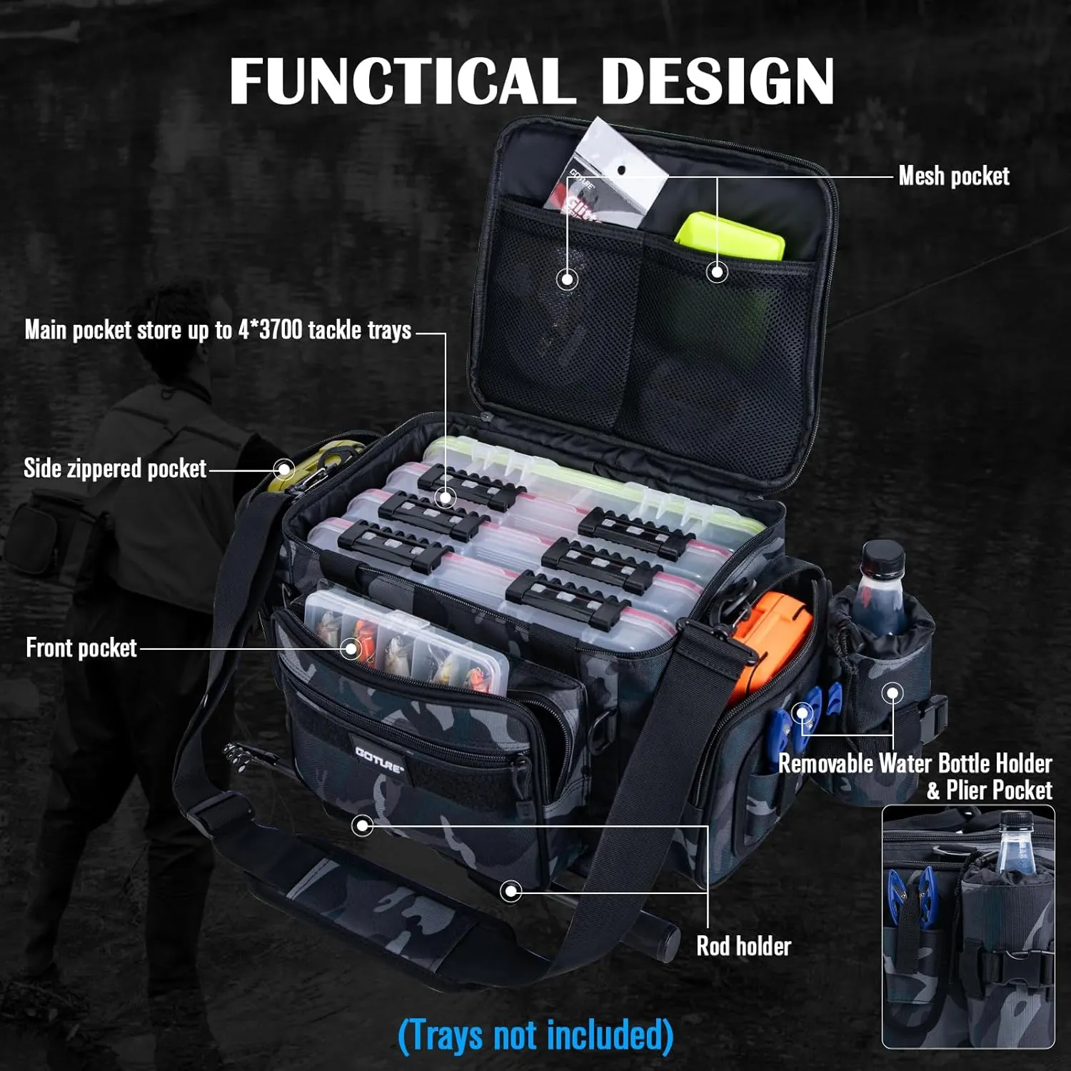 Goture Fishing Tackle Bag, Store Up to 4PCS 3700 Tackle Box Trays, 600D Soft Side Water-Resistant Saltwater Gear Storage Fishing Bag with Rod Straps, Detachable Water Bottle Pouch, Gifts for Men
