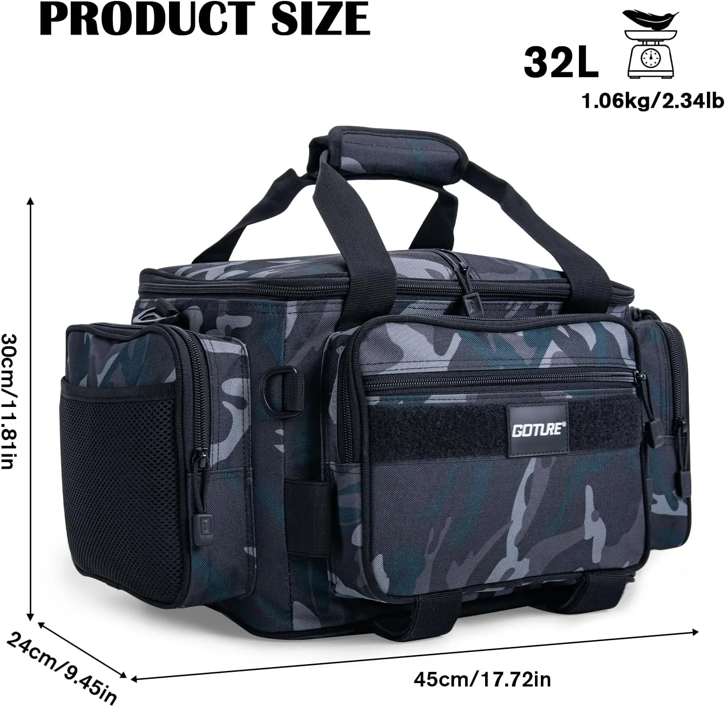 Goture Fishing Tackle Bag, Store Up to 4PCS 3700 Tackle Box Trays, 600D Soft Side Water-Resistant Saltwater Gear Storage Fishing Bag with Rod Straps, Detachable Water Bottle Pouch, Gifts for Men