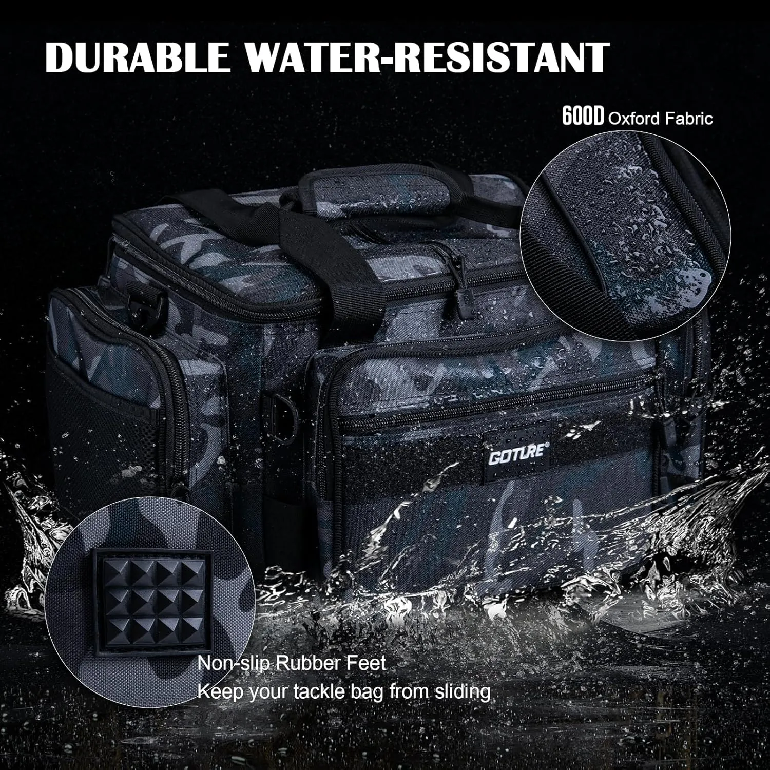 Goture Fishing Tackle Bag, Store Up to 4PCS 3700 Tackle Box Trays, 600D Soft Side Water-Resistant Saltwater Gear Storage Fishing Bag with Rod Straps, Detachable Water Bottle Pouch, Gifts for Men