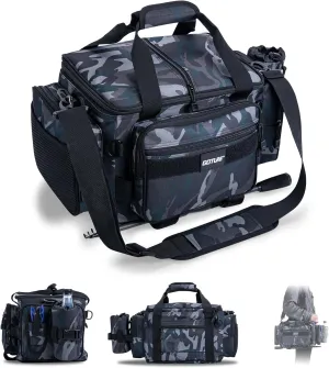 Goture Fishing Tackle Bag, Store Up to 4PCS 3700 Tackle Box Trays, 600D Soft Side Water-Resistant Saltwater Gear Storage Fishing Bag with Rod Straps, Detachable Water Bottle Pouch, Gifts for Men