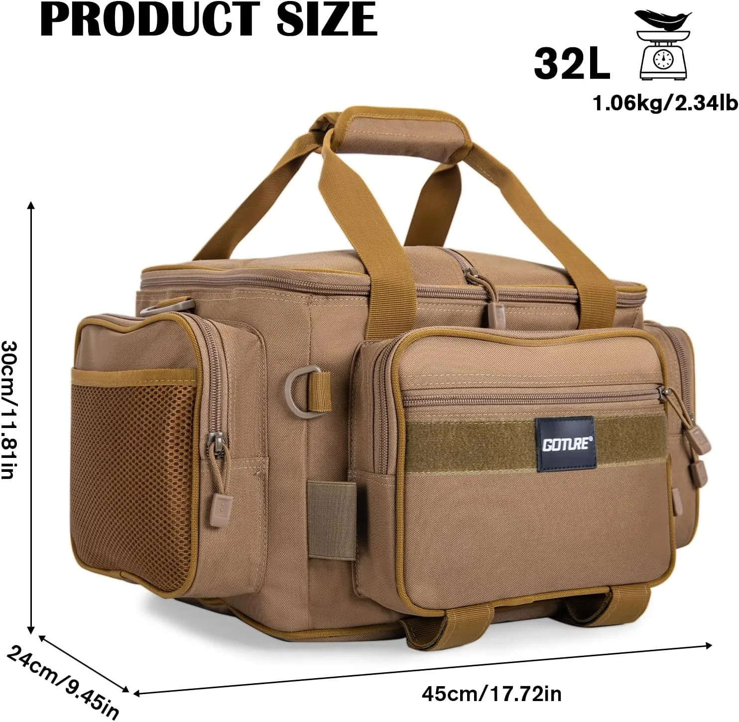 Goture Fishing Tackle Bag, Store Up to 4PCS 3700 Tackle Box Trays, 600D Soft Side Water-Resistant Saltwater Gear Storage Fishing Bag with Rod Straps, Detachable Water Bottle Pouch, Gifts for Men