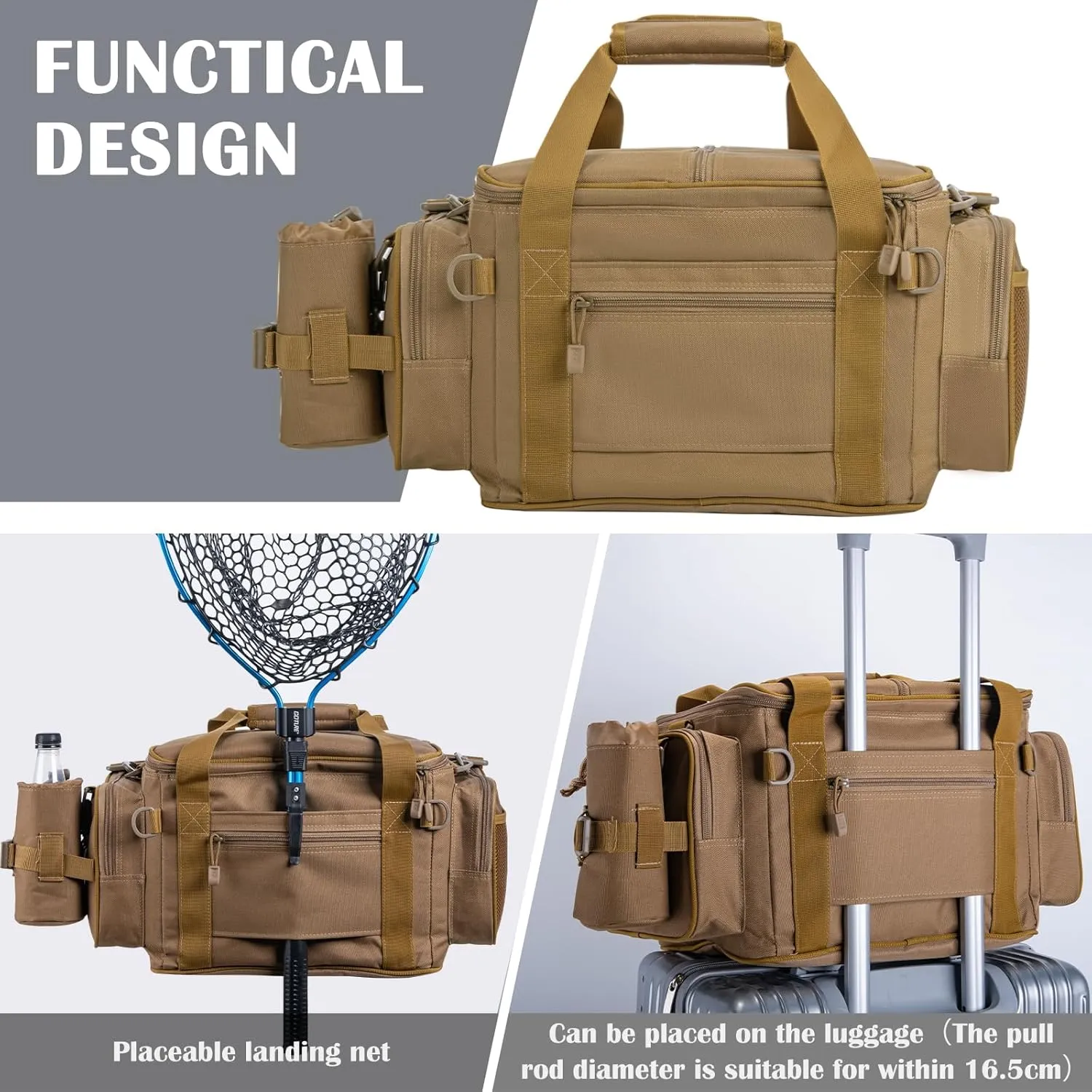 Goture Fishing Tackle Bag, Store Up to 4PCS 3700 Tackle Box Trays, 600D Soft Side Water-Resistant Saltwater Gear Storage Fishing Bag with Rod Straps, Detachable Water Bottle Pouch, Gifts for Men