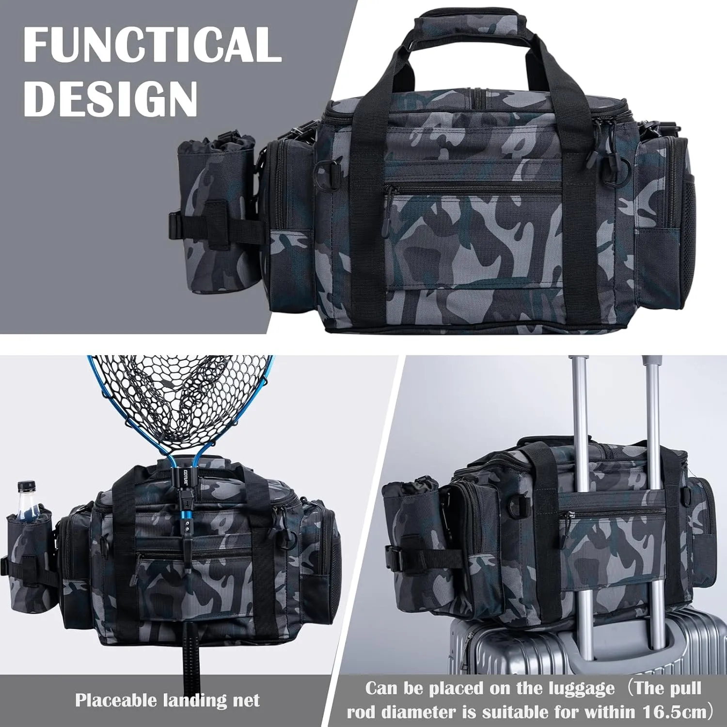 Goture Fishing Tackle Bag, Store Up to 4PCS 3700 Tackle Box Trays, 600D Soft Side Water-Resistant Saltwater Gear Storage Fishing Bag with Rod Straps, Detachable Water Bottle Pouch, Gifts for Men