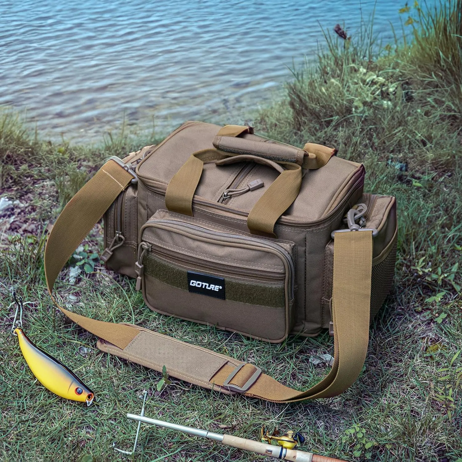 Goture Fishing Tackle Bag,Soft Side 600D Water-Resistant Cross Body Sling Fishing Bag, Small Freshwater Saltwater Gear Storage Tactical Bags Outdoor, Store 3 3600 Tackle Boxes,14.96"x9.06"x7.48"