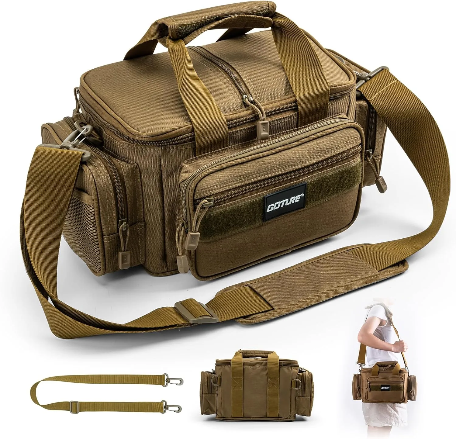 Goture Fishing Tackle Bag,Soft Side 600D Water-Resistant Cross Body Sling Fishing Bag, Small Freshwater Saltwater Gear Storage Tactical Bags Outdoor, Store 3 3600 Tackle Boxes,14.96"x9.06"x7.48"