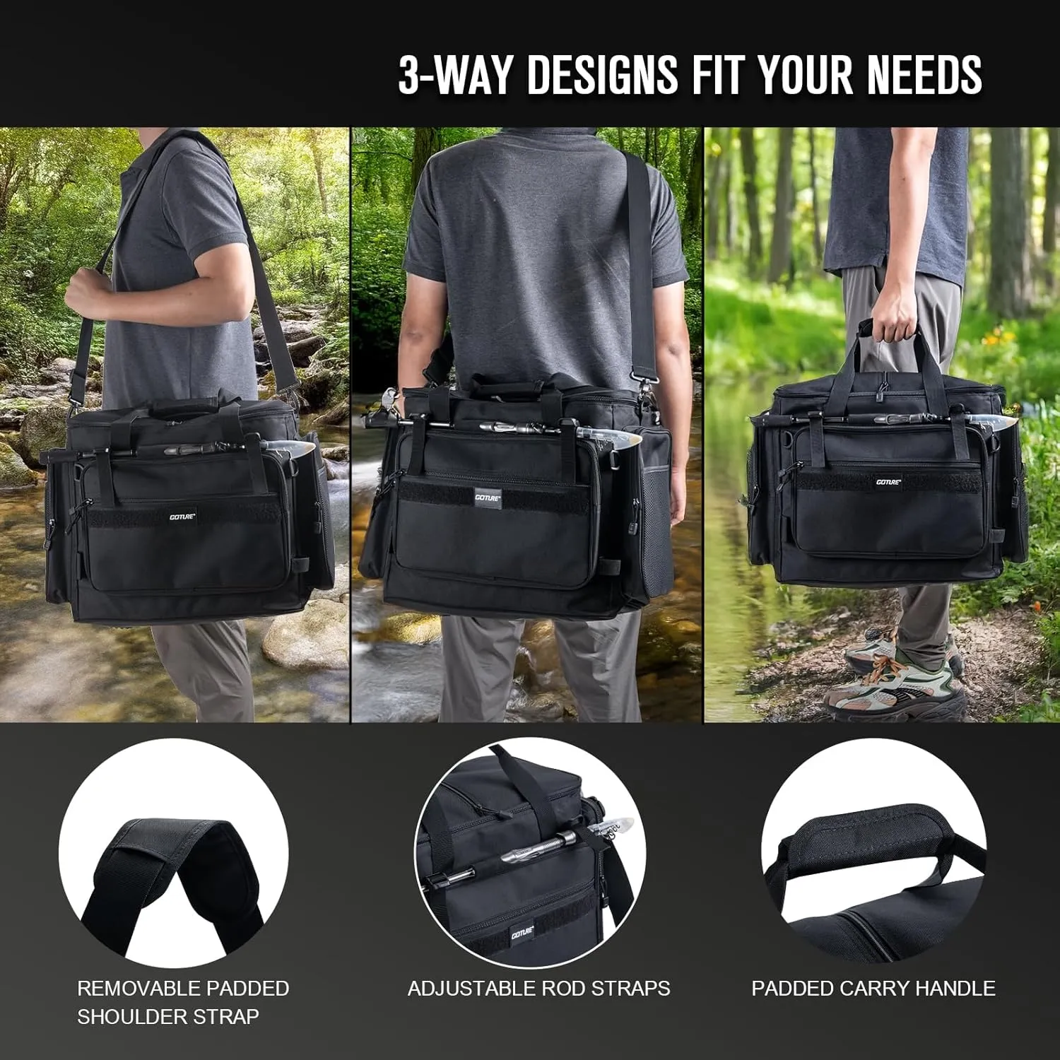 Goture Fishing Tackle Bag,Soft Side 600D Water-Resistant Cross Body Sling Fishing Bag,Waist Pack Freshwater Saltwater Gear Storage,Tactical Bags Outdoor,Store 8 3700 Tackle Boxes,21.65"x15.35"x11.81"