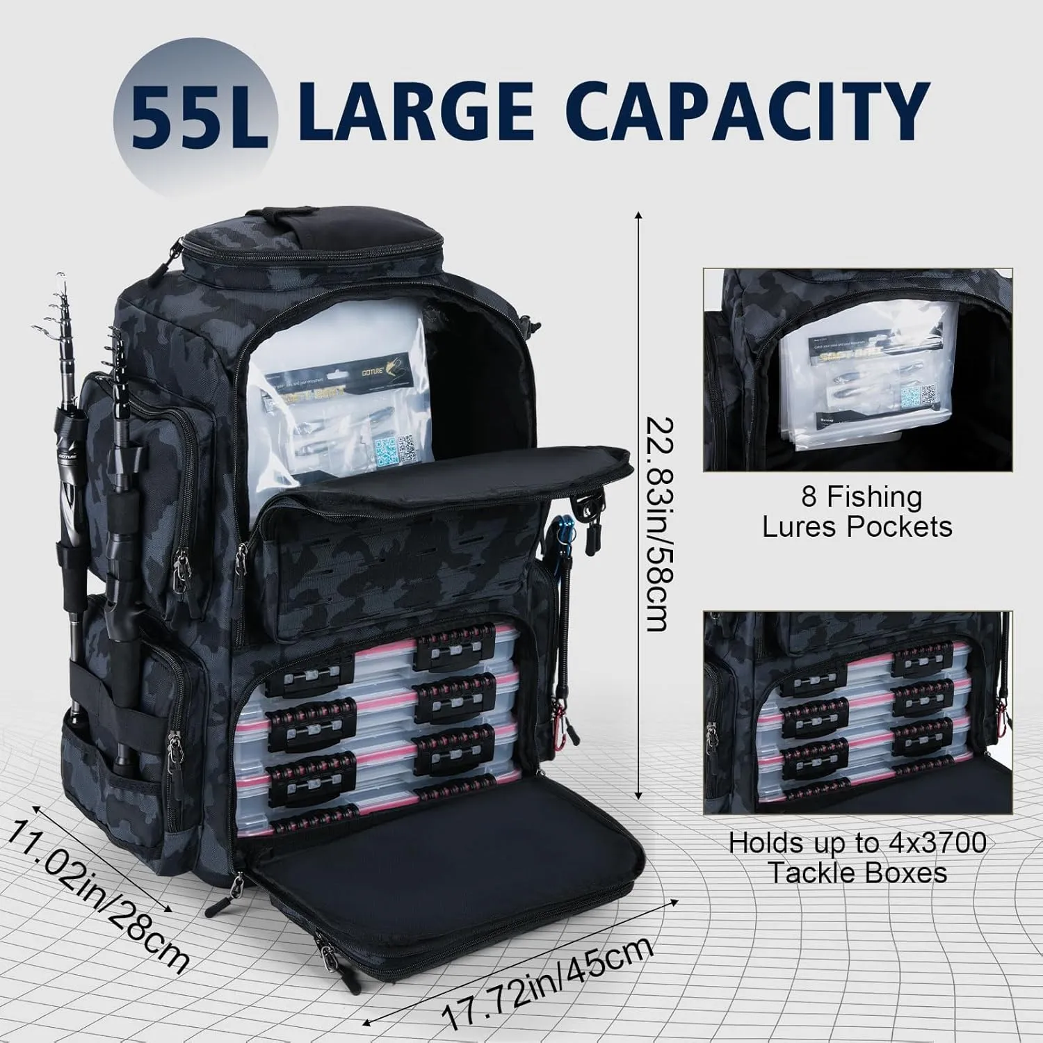 Goture IPX EVA Bottom Fishing Tackle Bag with Rod Holder, Waterproof 600D Fishing Backpack with 8 Lure Pockets & Rain Cover
