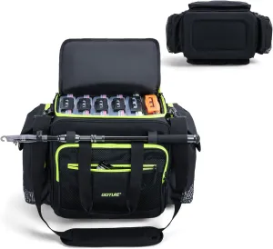Goture Large Tackle Bag,600D Water Resistant Saltwater Big Fishing Bag with IPX5 EVA Bottom,SBS Zippers,Store Up to 6PCS 3700 Plus 3PCS 3600 Tackle Trays,Fishing Gifts for Men-Black