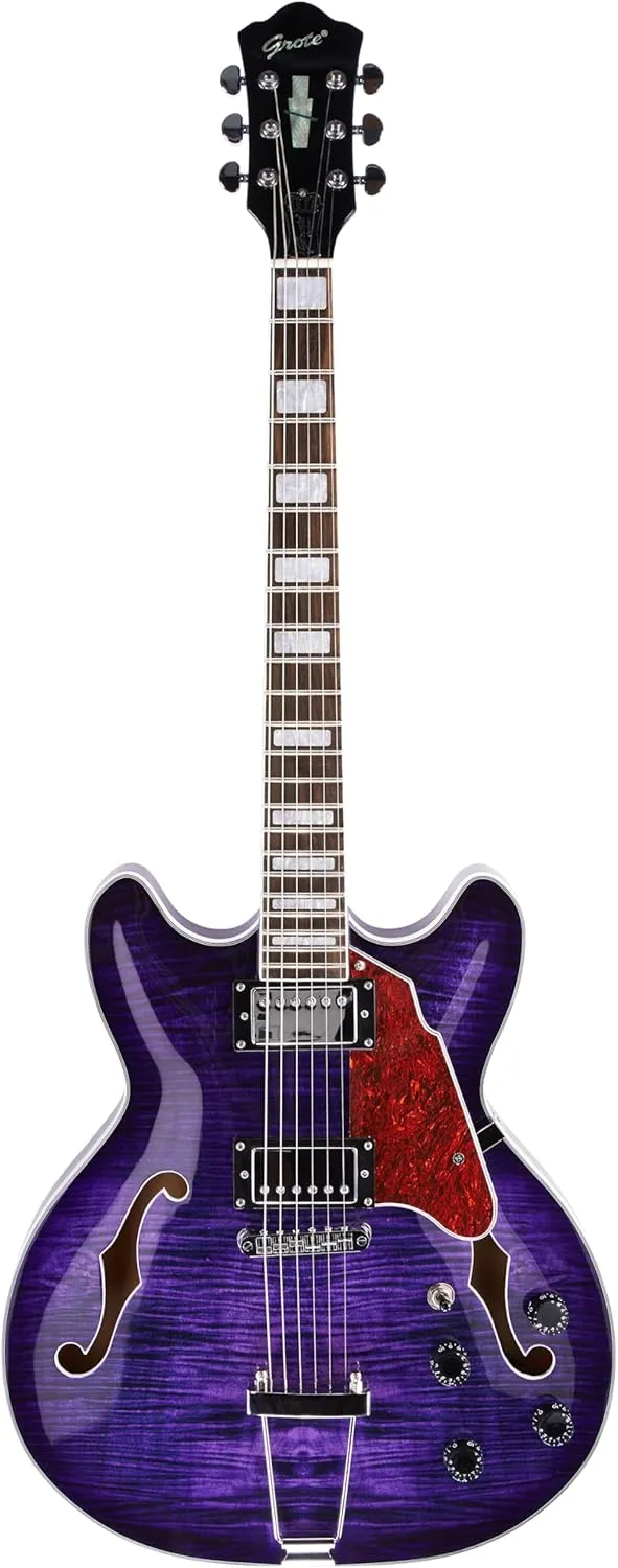 GROTE Jazz Electric Guitar Semi-Hollow Body Trapeze Tailpiece Bridge Guitar Gig Bag (Purple)