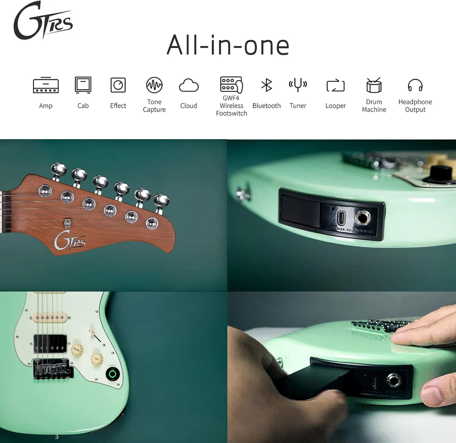GTRS S800 Smart Electric Guitar Kit with Effects System, HHS Pickup, Loop Drum Machine, 12 Hours Battery Life, Rosewood Fretboard Glossy Paint for Beginner, Professional Player, Performance
