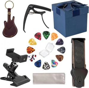 Guitar Accessories Kit gifts,Guitar Capo,Strap,Picks,Guitar pick holder bag,picks box,Phone Clip,Accessories for Acoustic,Bass, Electric & Ukulele