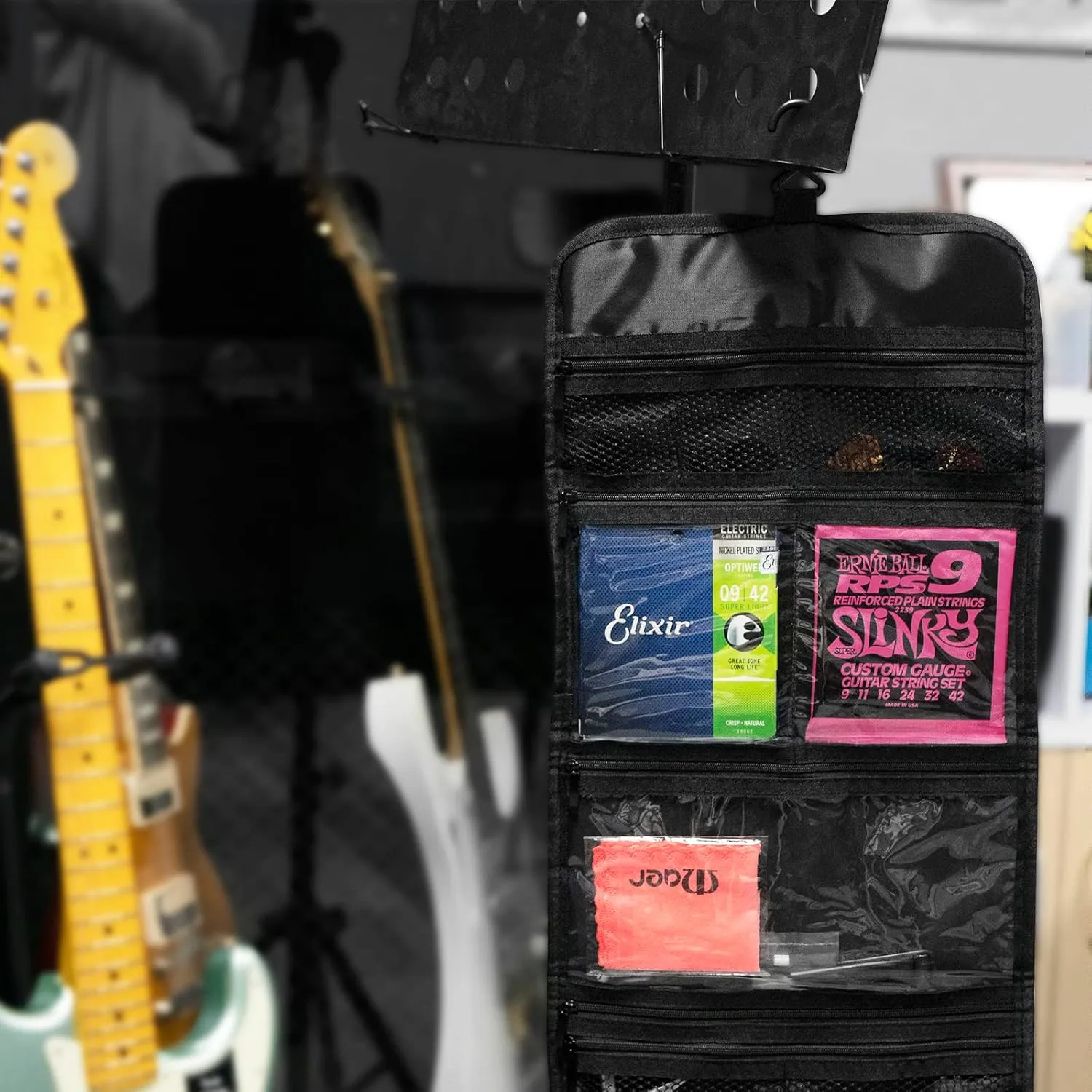 Guitar Accessory Organizer Bag, Foldable Easy Access Pockets Case, Picks, Strap, Capo, Strings Holder Storage (Iron)