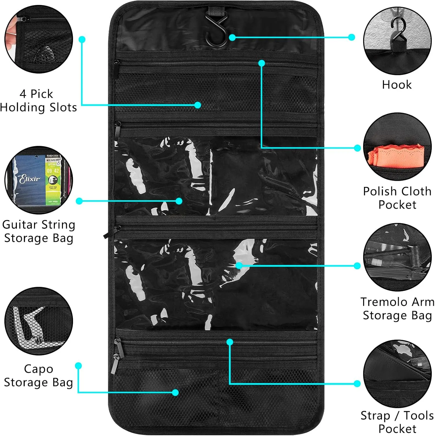 Guitar Accessory Organizer Bag, Foldable Easy Access Pockets Case, Picks, Strap, Capo, Strings Holder Storage (Iron)